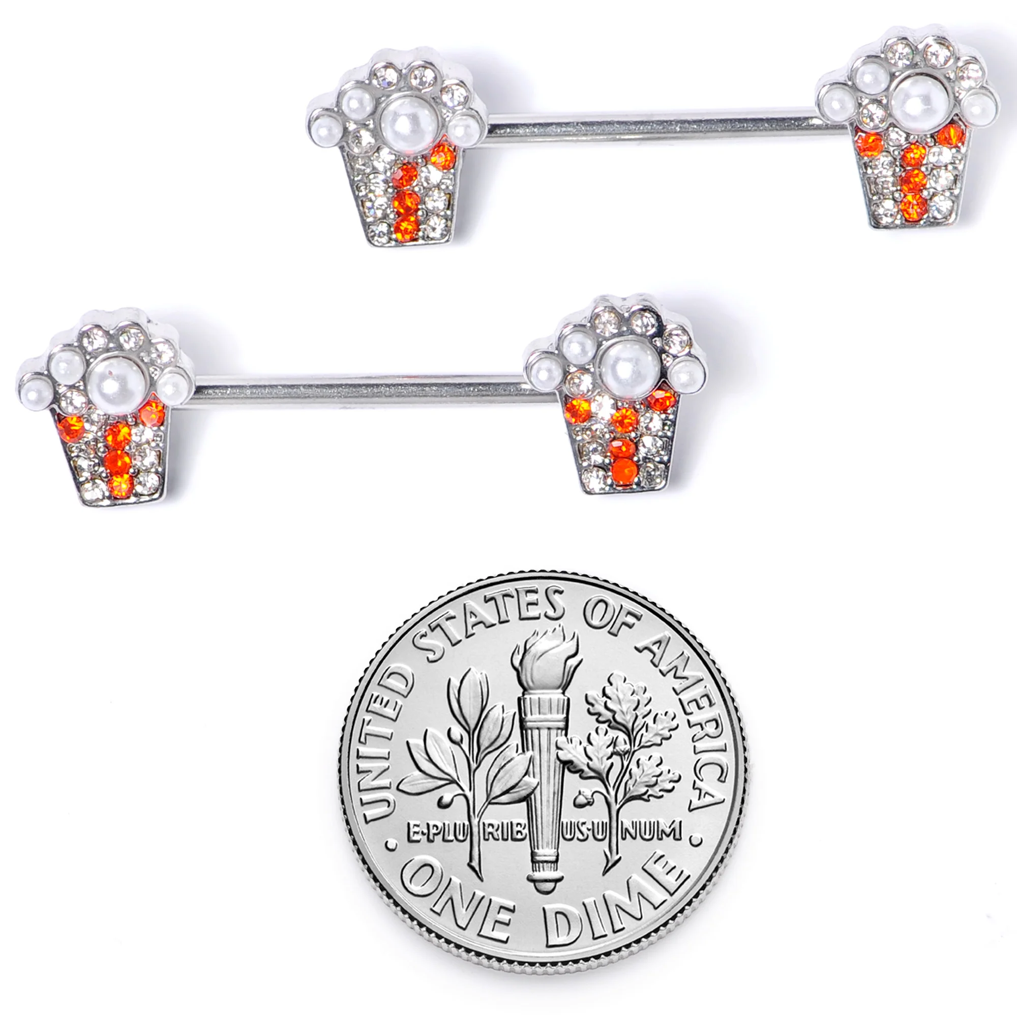 14G 9/16 White Orb Movie Night Popcorn Barbell Nipple Ring Set - Image 6