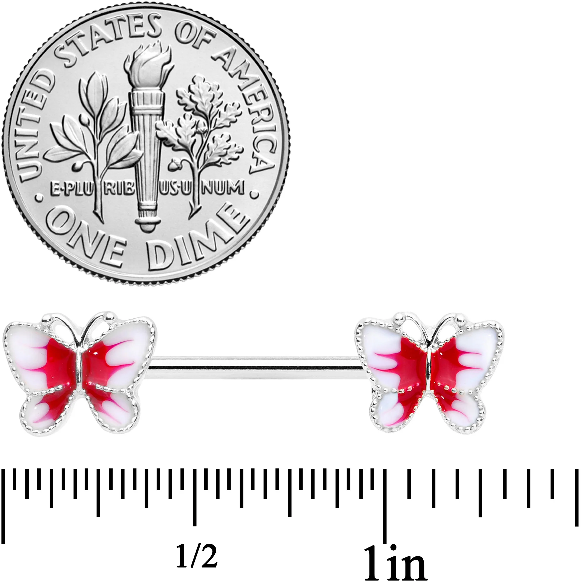 14G 9/16 White Red Butterfly Barbell Nipple Set - Image 2