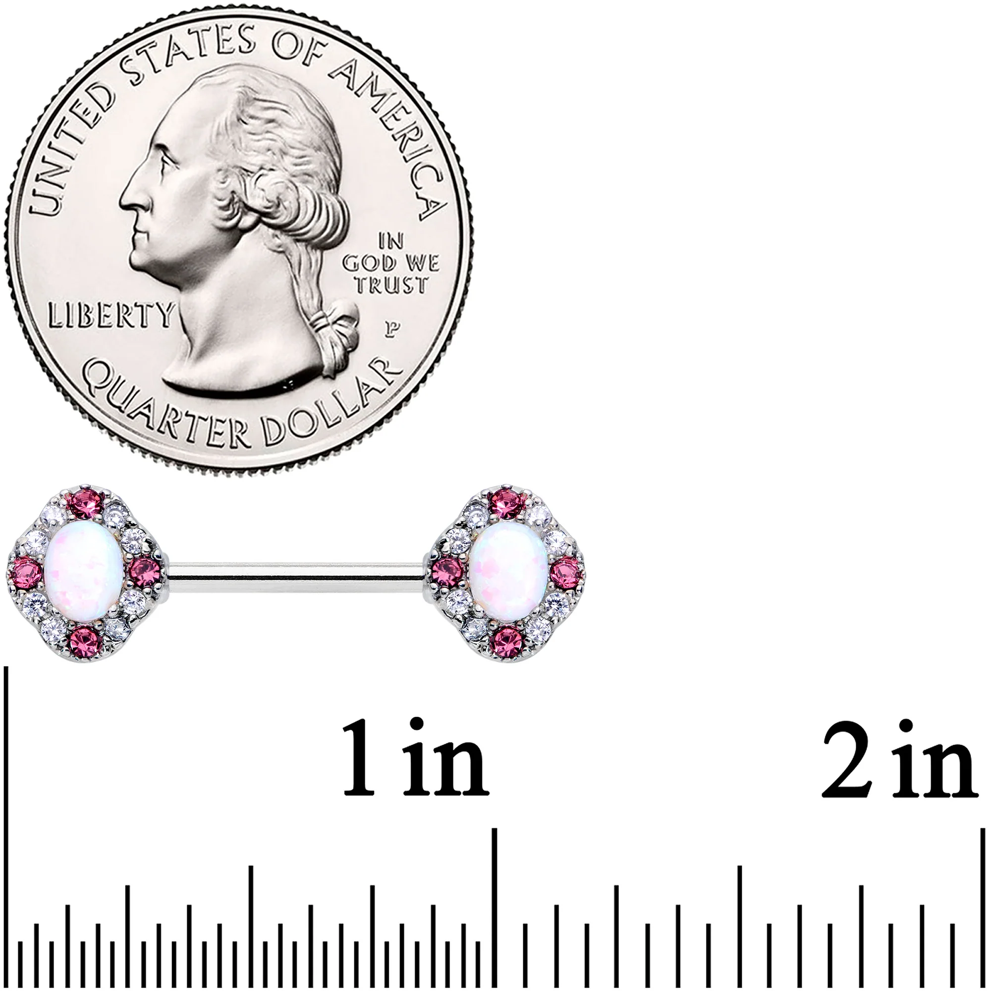 14G 9/16 White Synthetic Opal Glam Oval Barbell Nipple Ring Set - Image 2