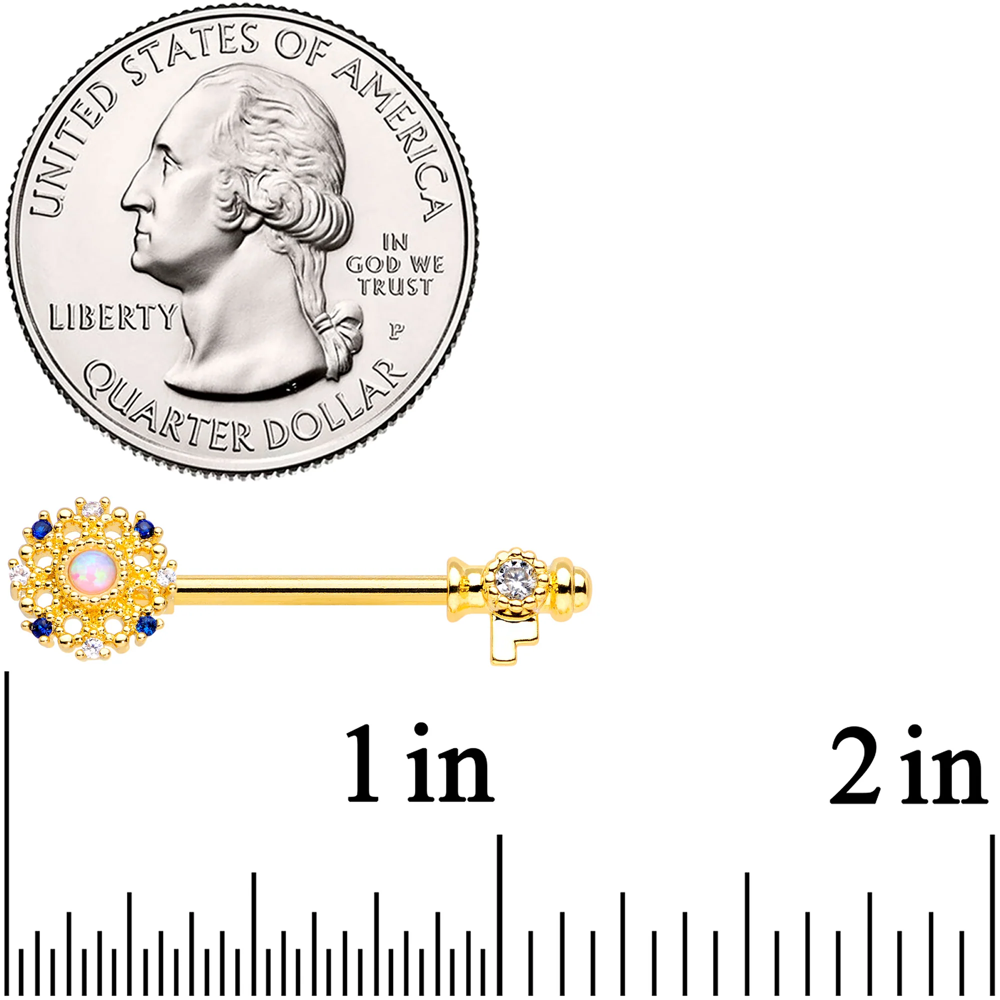 14G 9/16 White Synthetic Opal Gold Tone Key Nipple Ring Set - Image 2