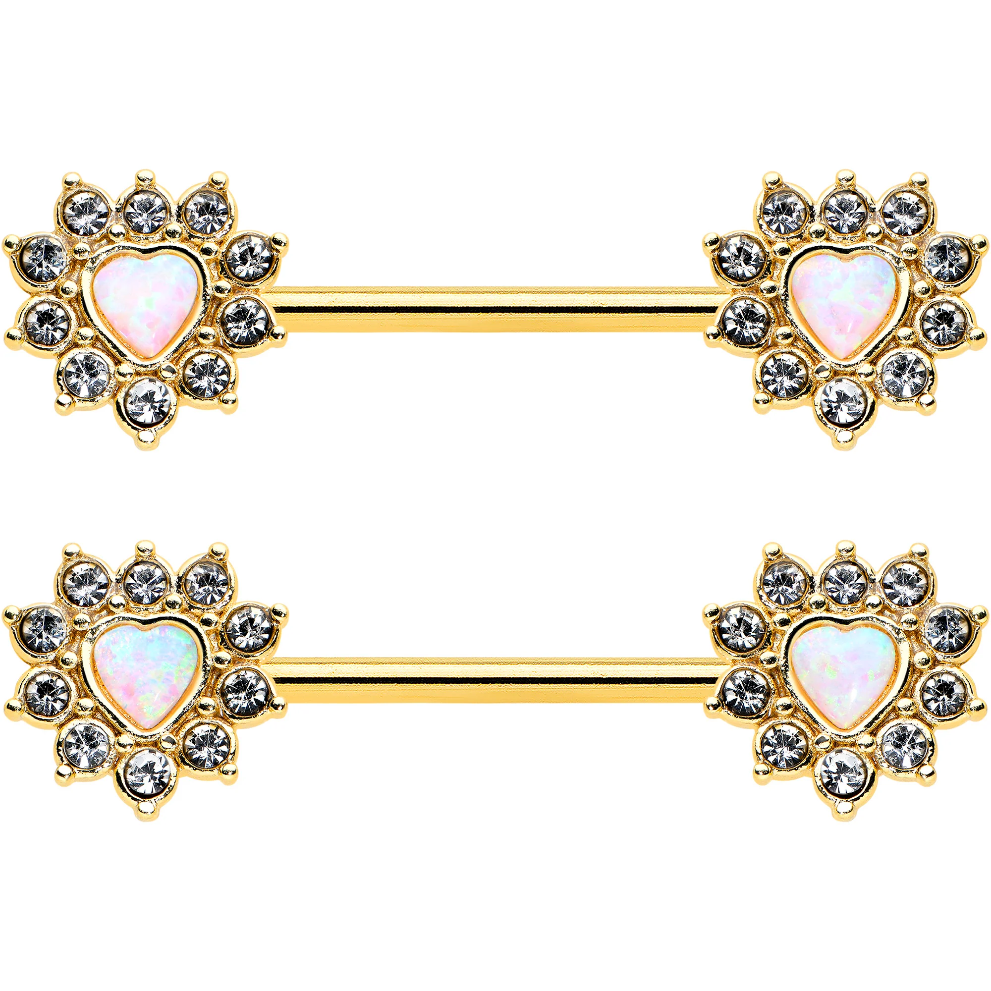 14G 9/16 White Synthetic Opal Gold Tone Sun Heart Nipple Ring Set - Image 2