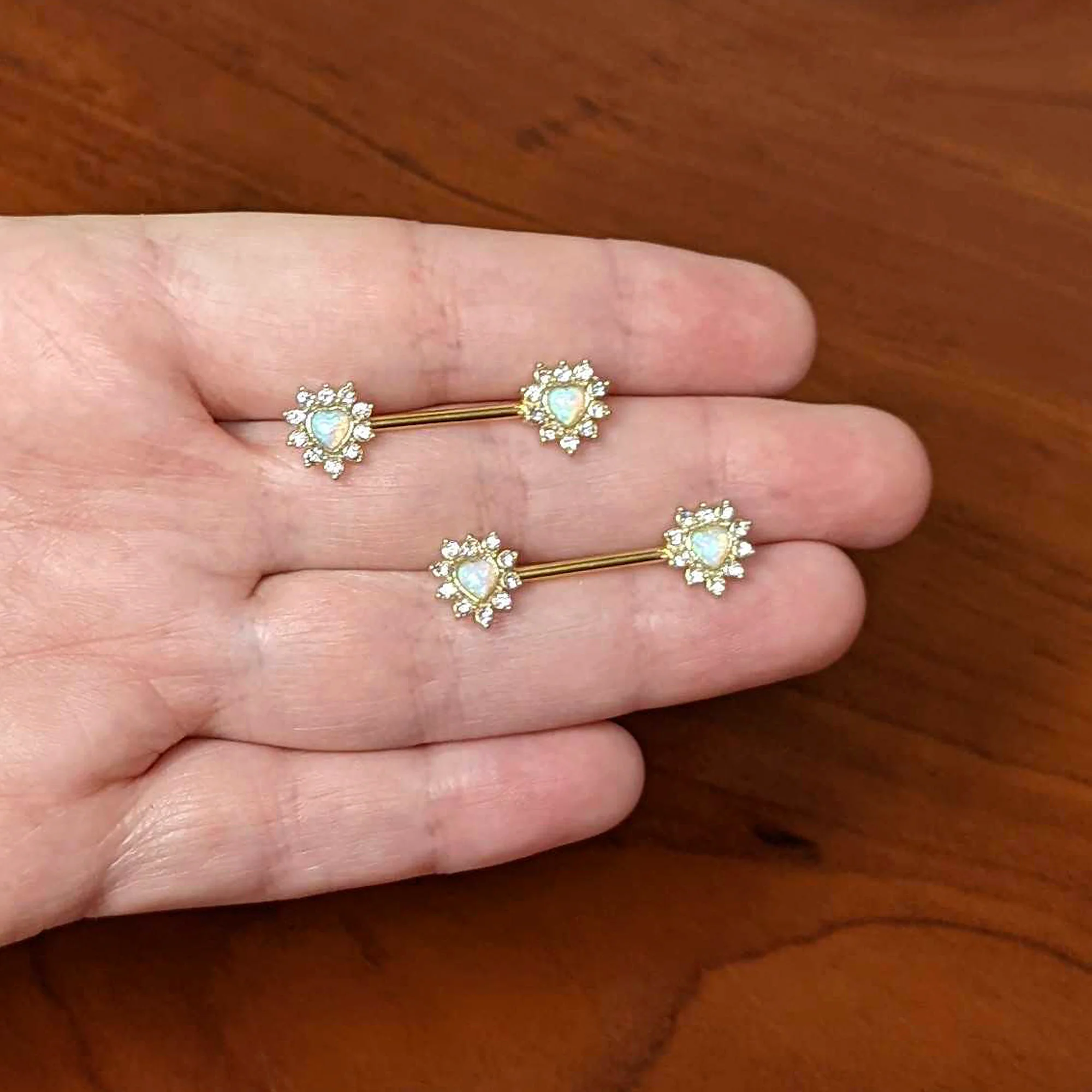 14G 9/16 White Synthetic Opal Gold Tone Sun Heart Nipple Ring Set - Image 4