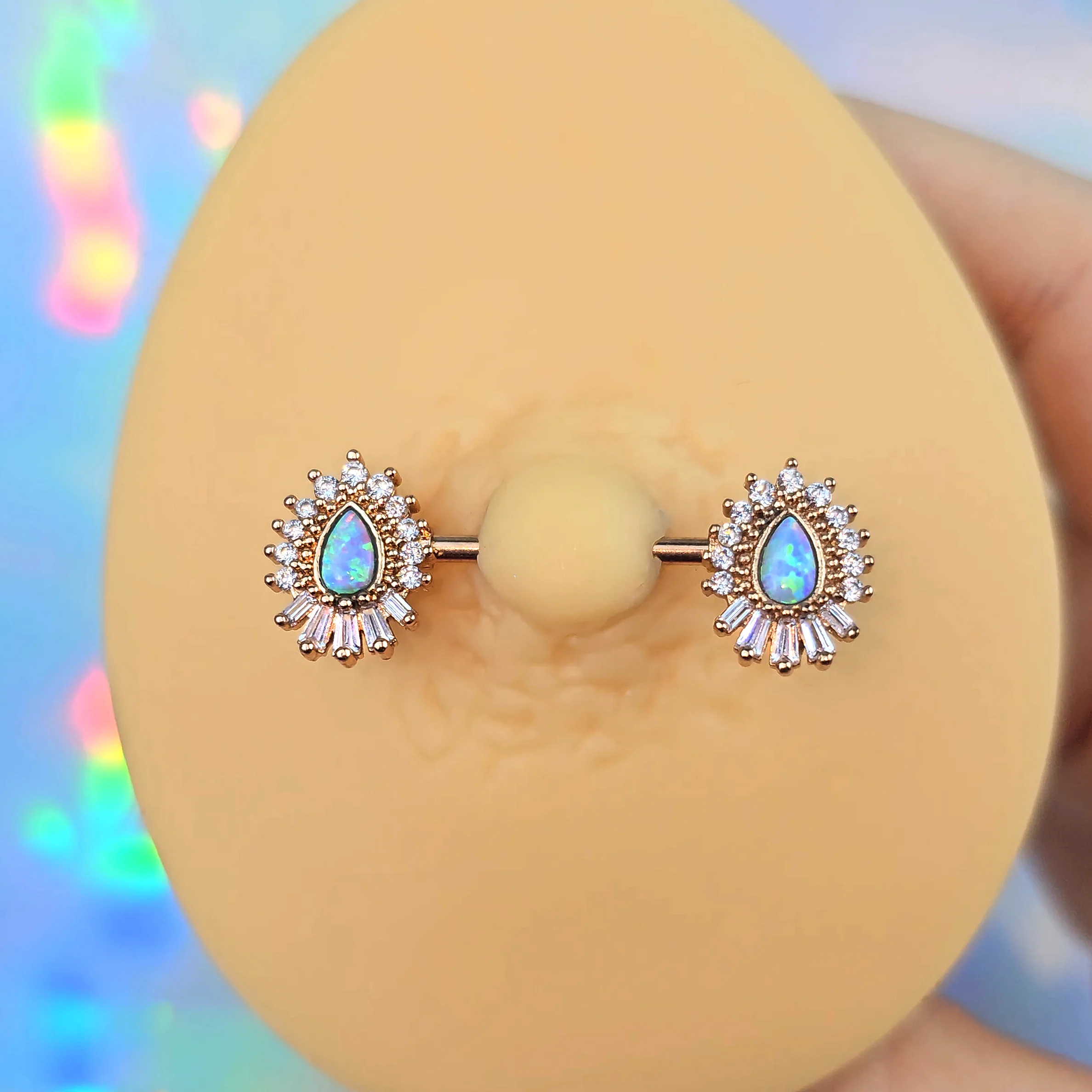 14G 9/16 White Synthetic Opal Rose Gold Tone Barbell Nipple Ring Set - Image 2