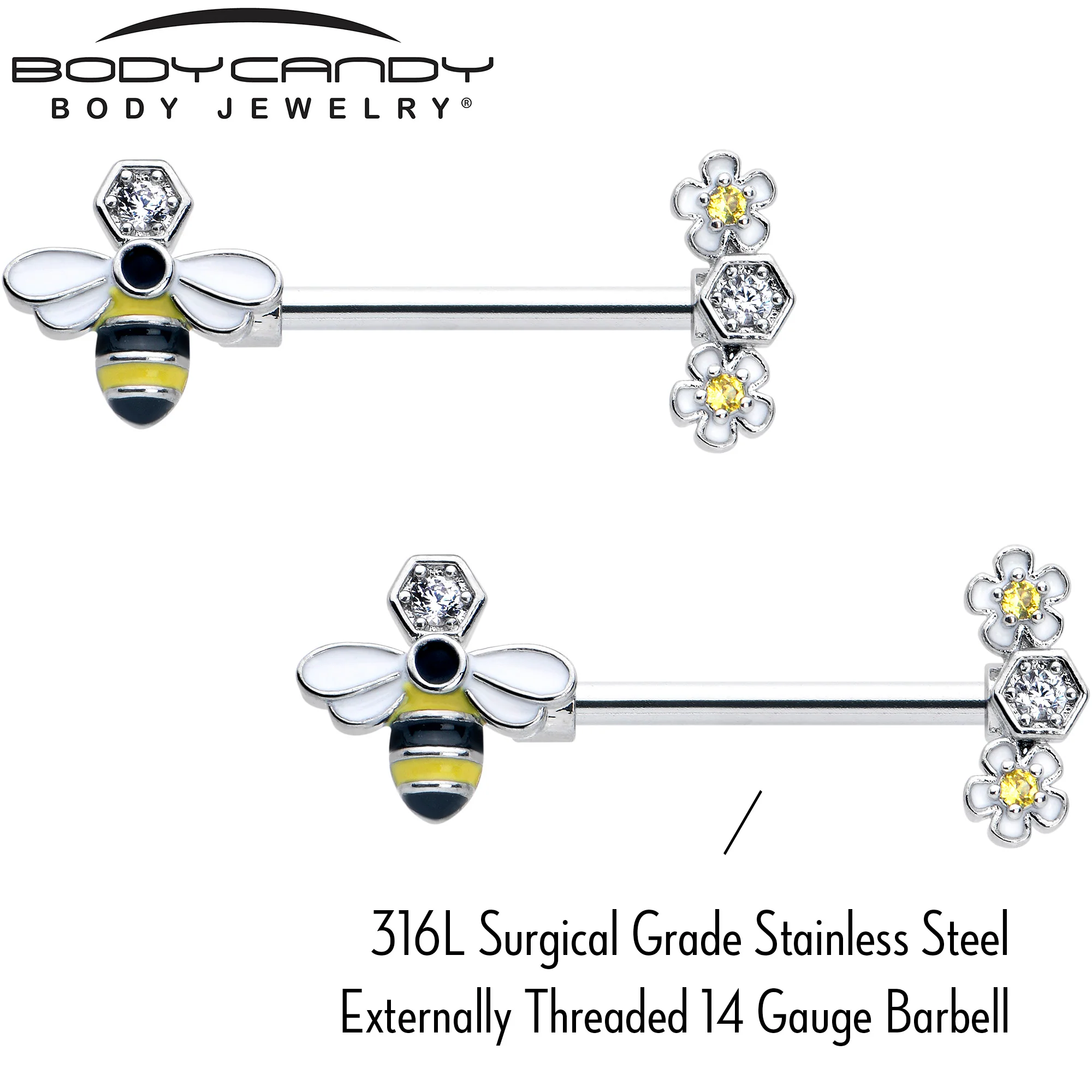 14G 9/16 Yellow Clear CZ Gem Flower Bee Barbell Nipple Ring Set - Image 3