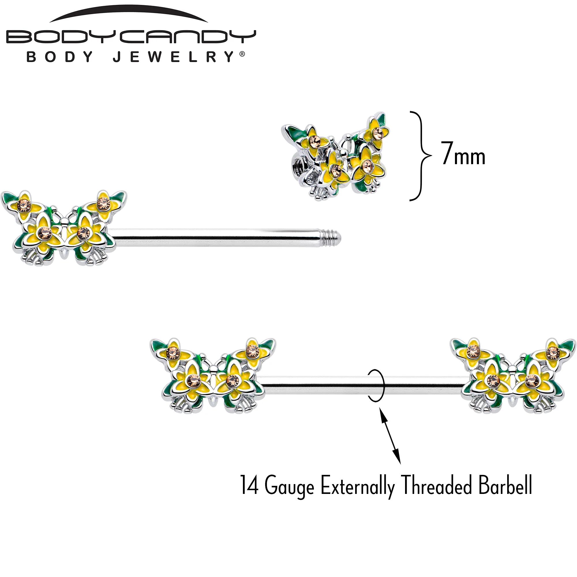14G 9/16 Yellow CZ Gem Blooming Butterfly Barbell Nipple Ring Set - Image 3
