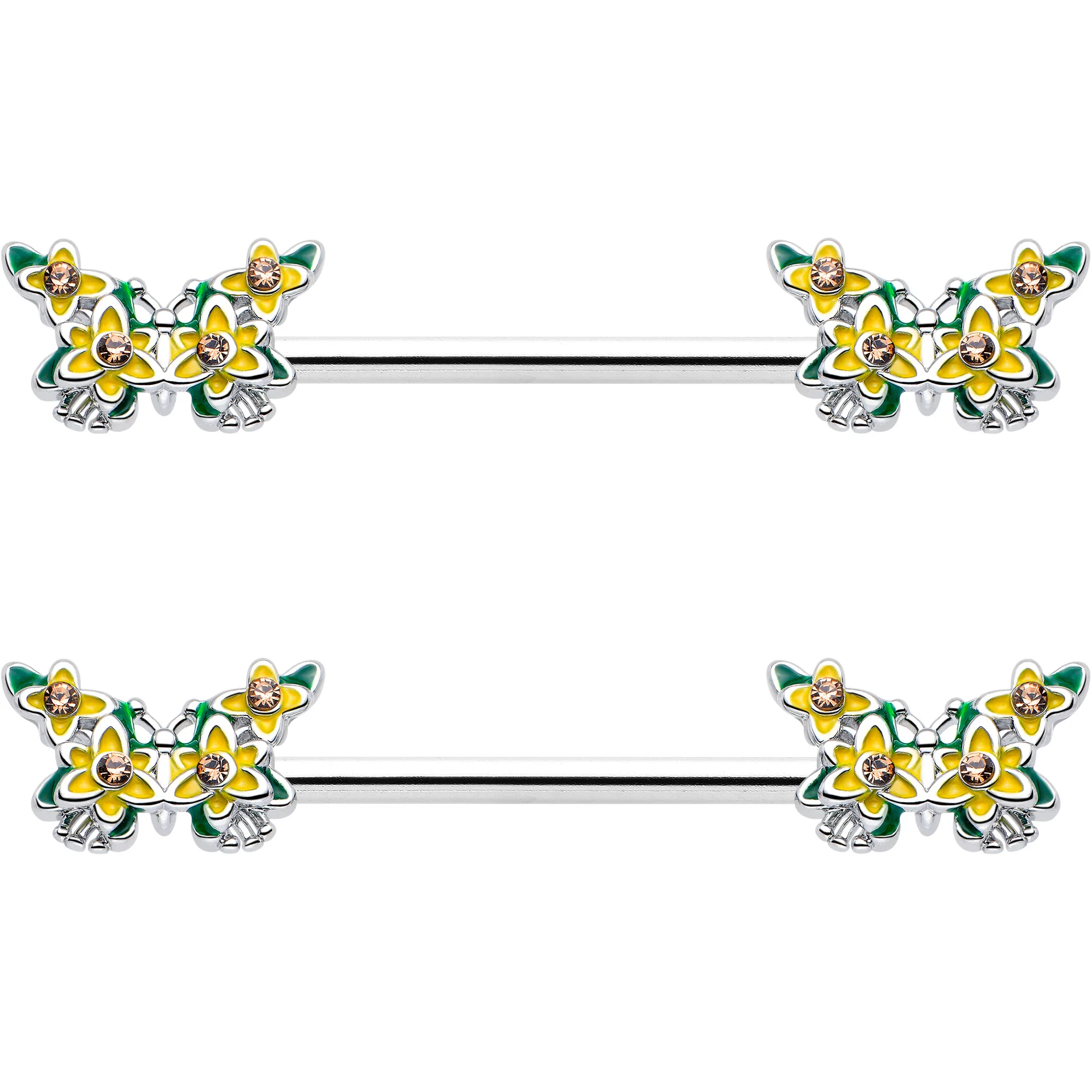 14G 9/16 Yellow CZ Gem Blooming Butterfly Barbell Nipple Ring Set - Image 4