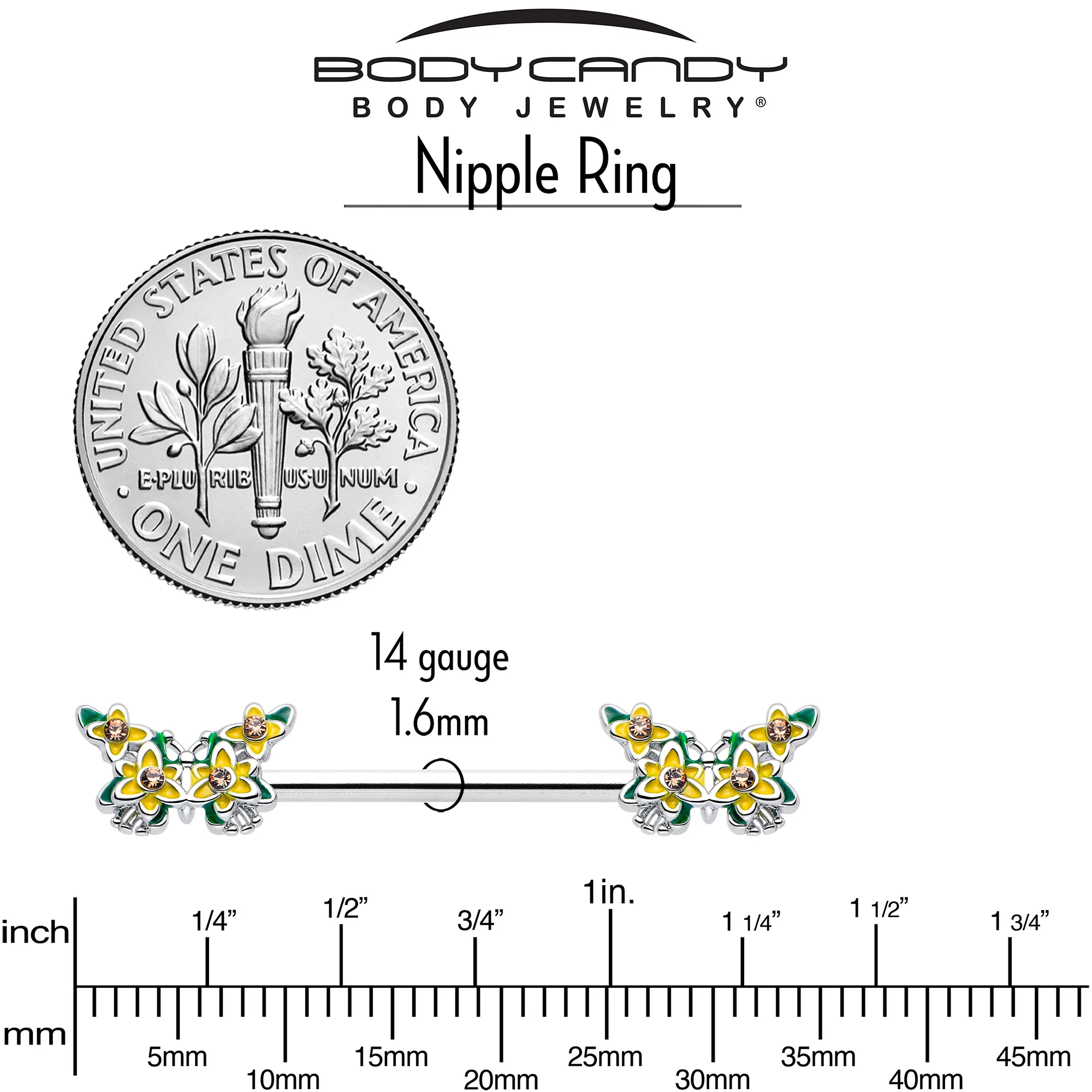 14G 9/16 Yellow CZ Gem Blooming Butterfly Barbell Nipple Ring Set - Image 5