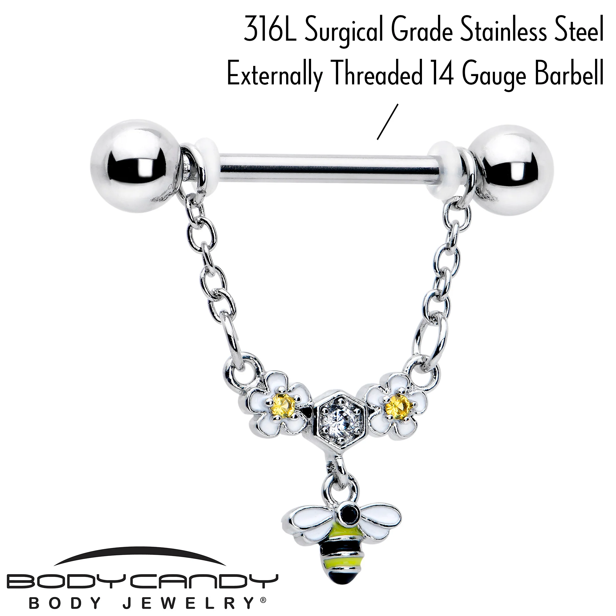 14G 9/16 Yellow CZ Gem Flower Bee Chain Dangle Nipple Ring Set - Image 3