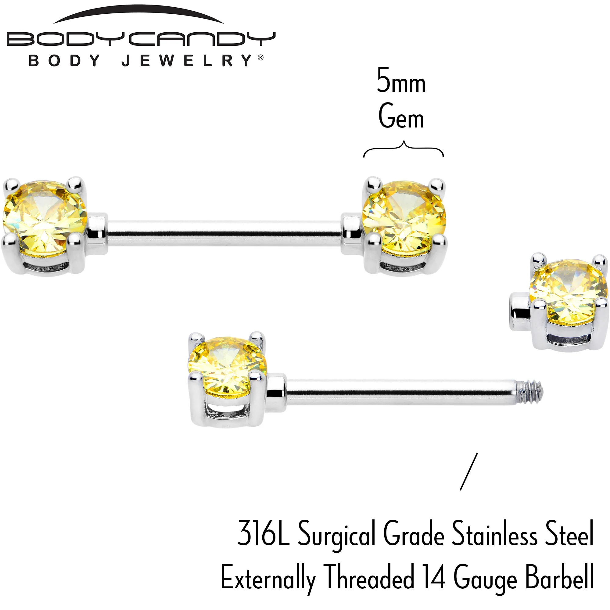 14G 9/16 Yellow CZ Gem November Birthstone Nipple Ring Set - Image 4