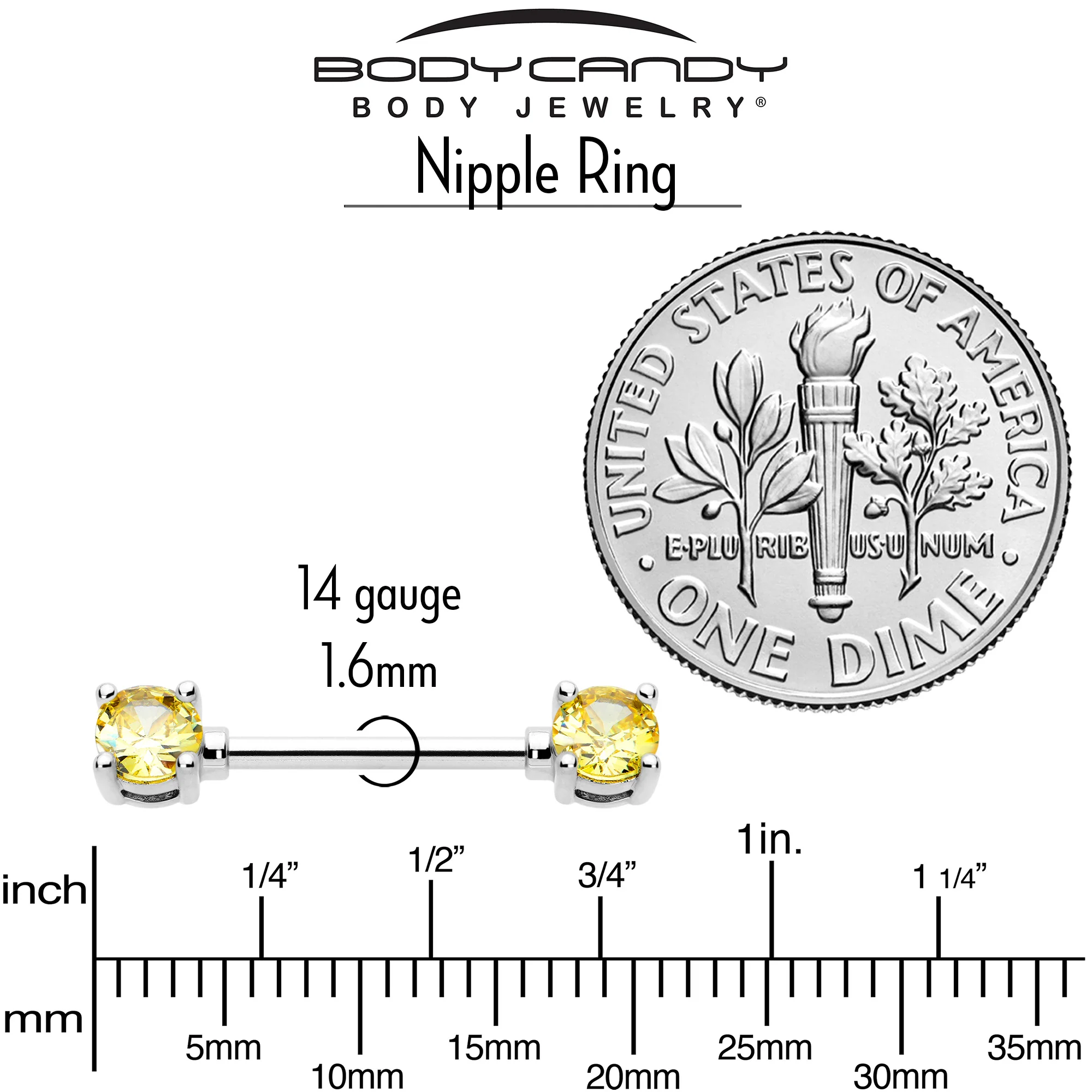 14G 9/16 Yellow CZ Gem November Birthstone Nipple Ring Set - Image 5
