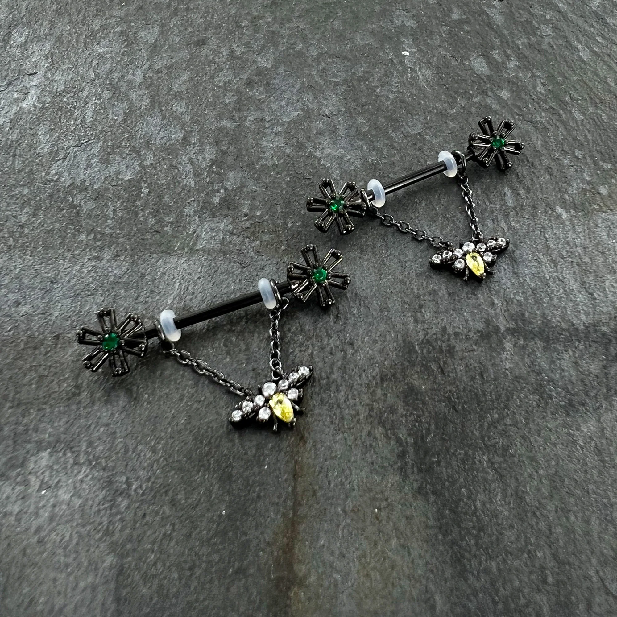 14G 9/16 Yellow Gem Black Butterfly Chain Dangle Nipple Ring Set - Image 4