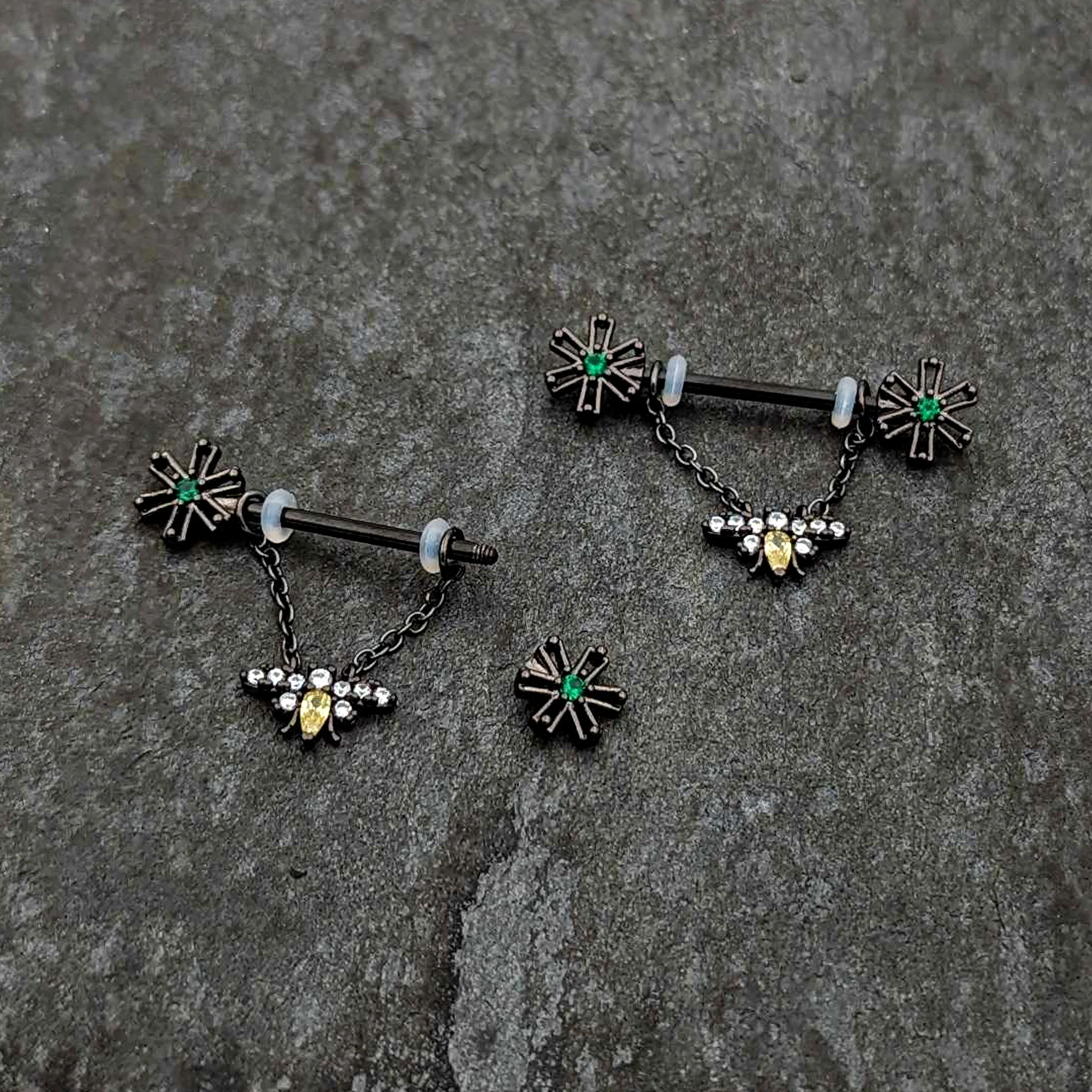 14G 9/16 Yellow Gem Black Butterfly Chain Dangle Nipple Ring Set - Image 6