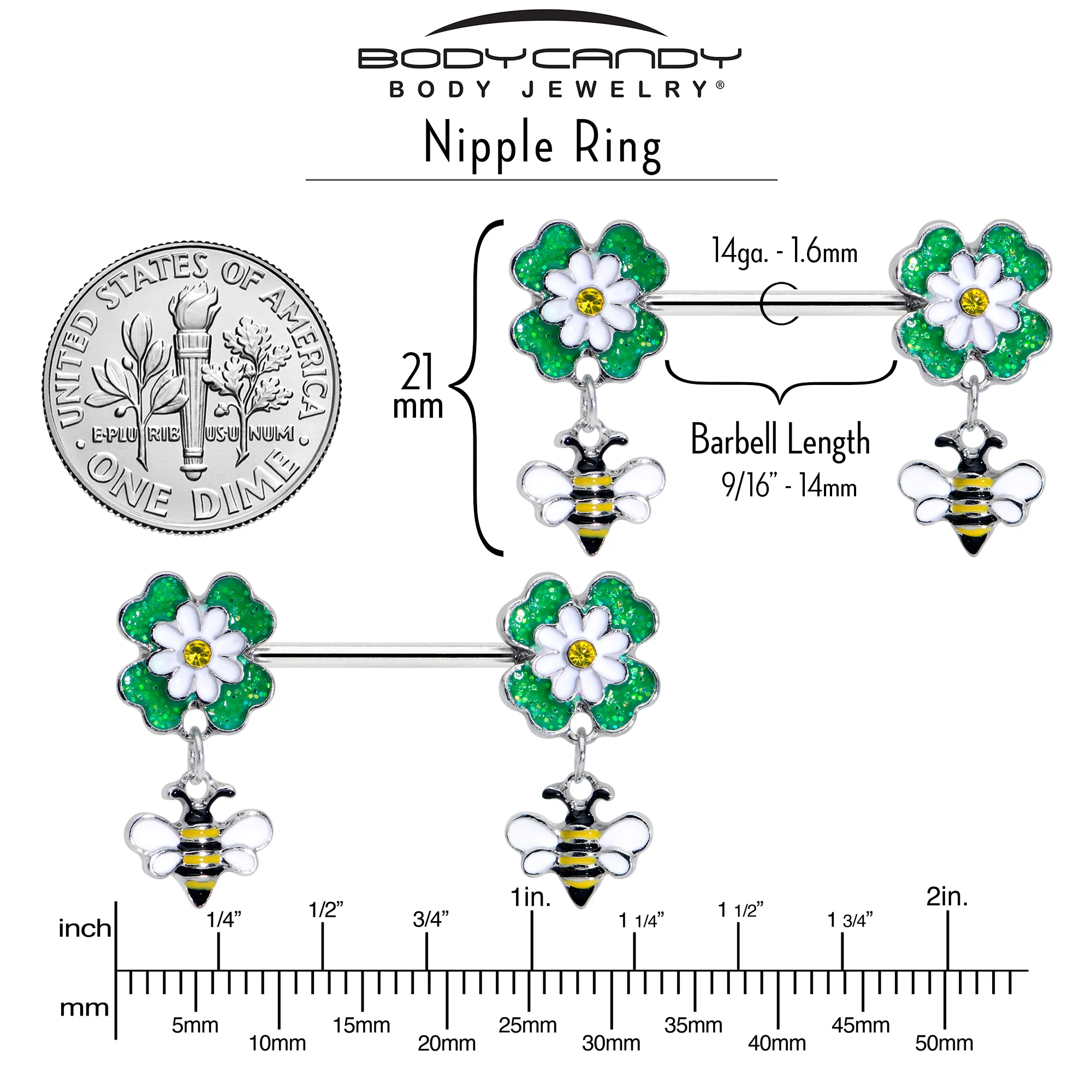 14G 9/16 Yellow Gem Daisy Bee Glittery Barbell Nipple Ring Set - Image 4