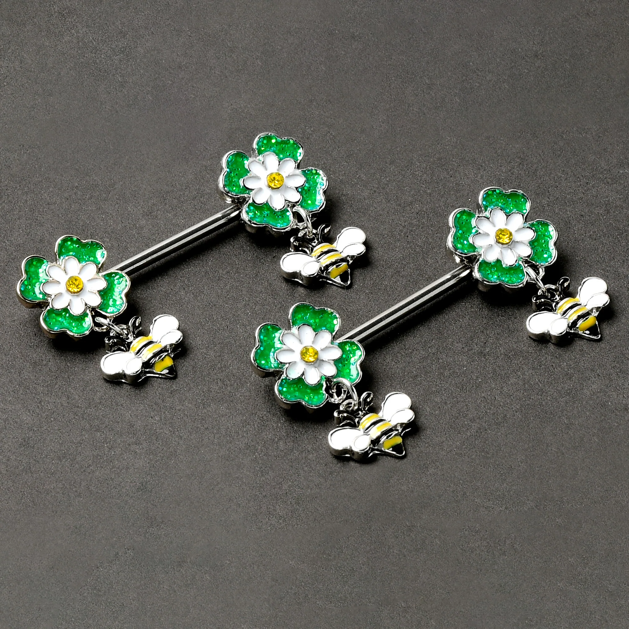 14G 9/16 Yellow Gem Daisy Bee Glittery Barbell Nipple Ring Set - Image 5