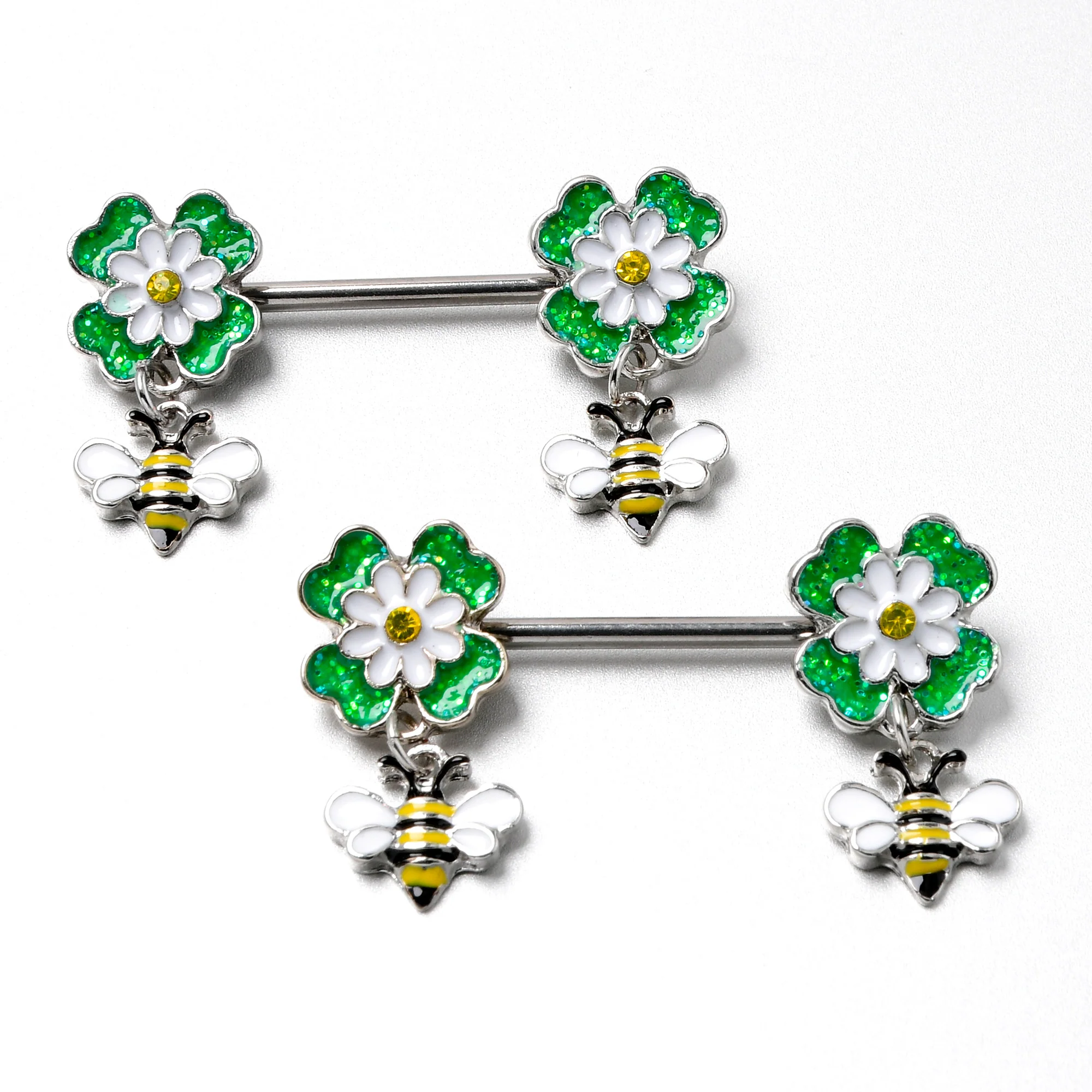 14G 9/16 Yellow Gem Daisy Bee Glittery Barbell Nipple Ring Set - Image 6