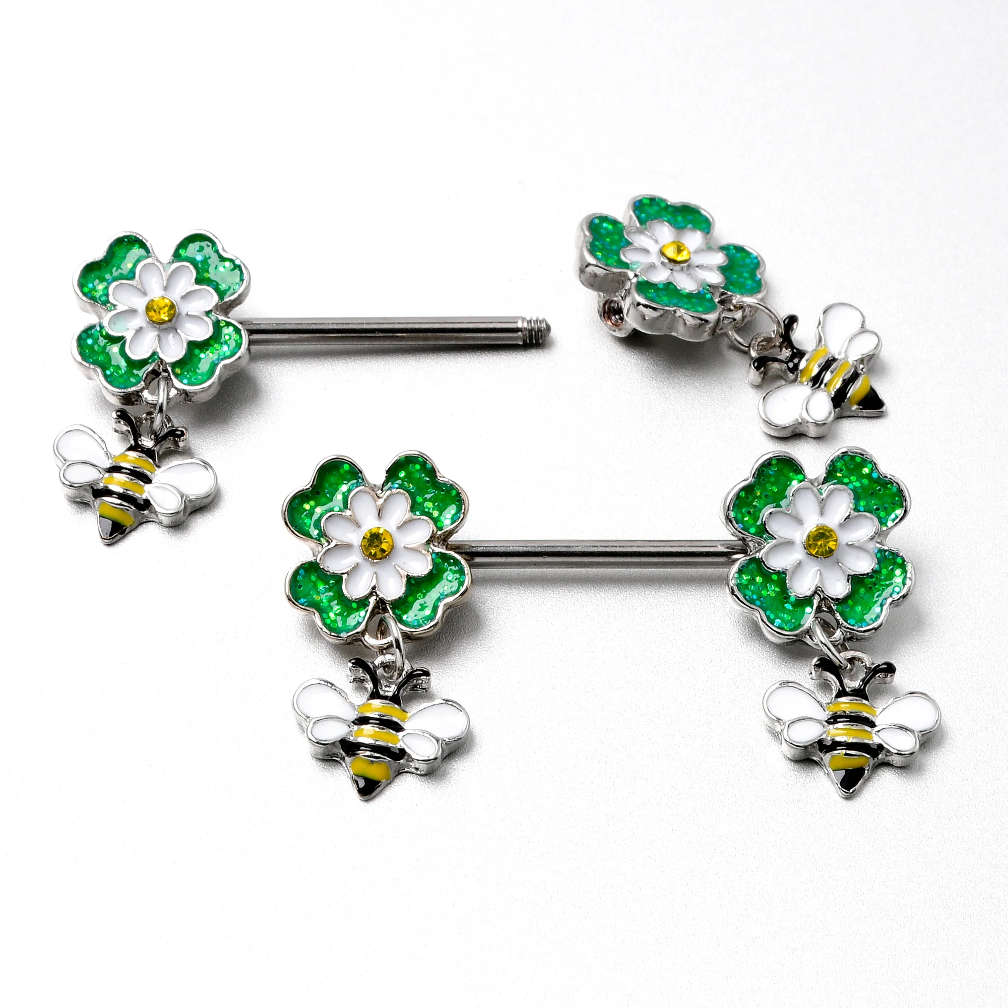 14G 9/16 Yellow Gem Daisy Bee Glittery Barbell Nipple Ring Set - Image 7
