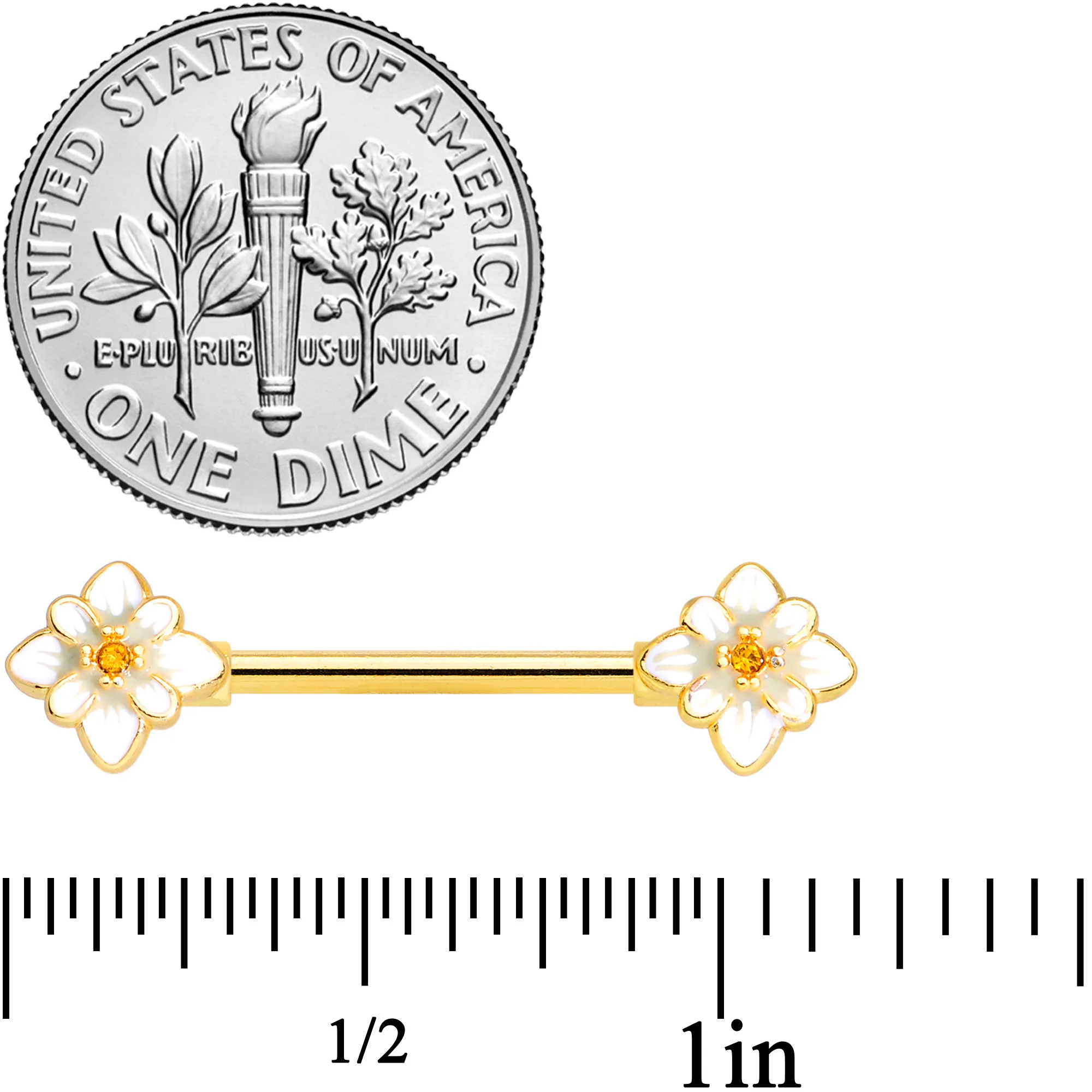 14G 9/16 Yellow Gem Gold Tone Flower Barbell Nipple Ring Set - Image 2