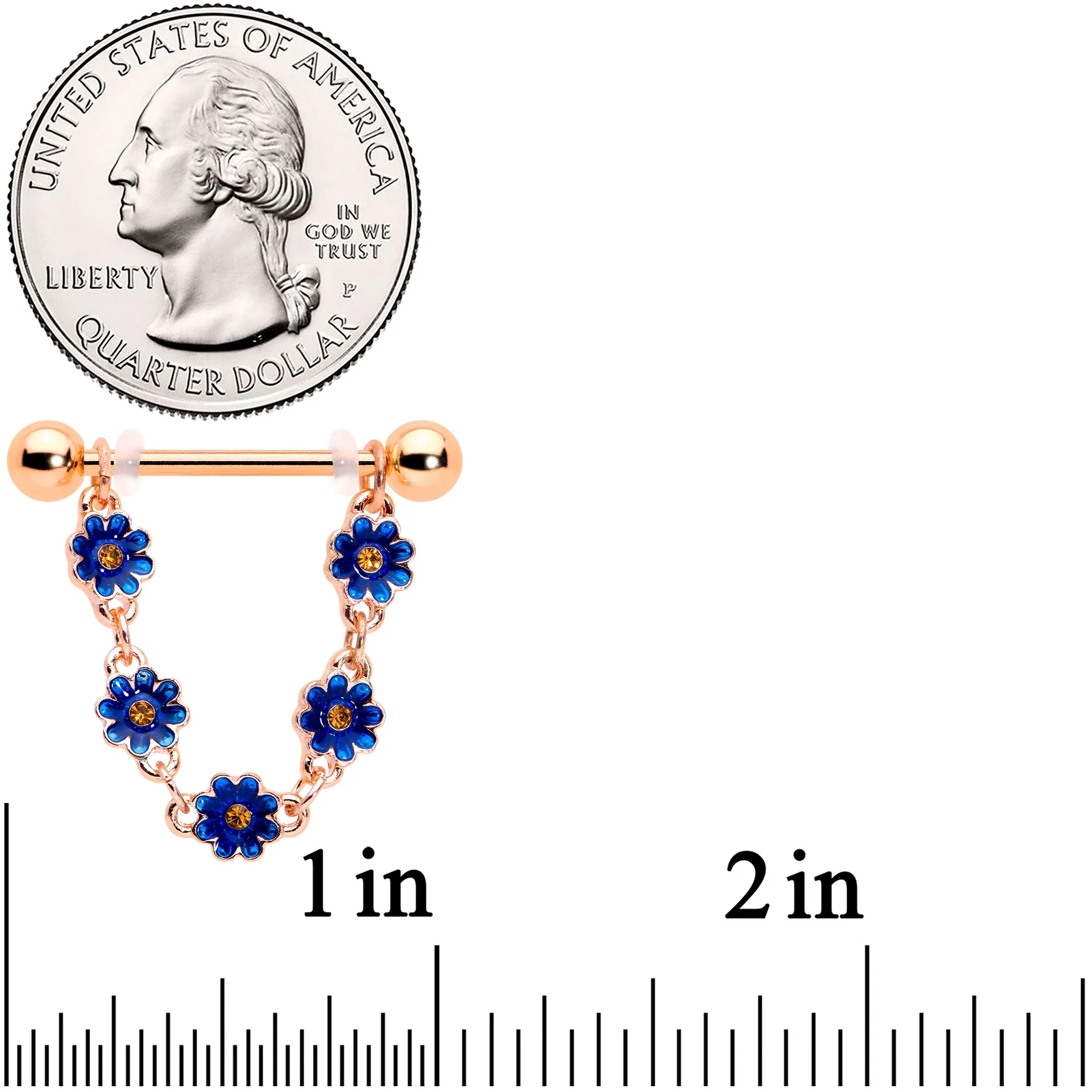 14G 9/16 Yellow Gem Rose Gold Tone Blue Flower Dangle Nipple Set - Image 2