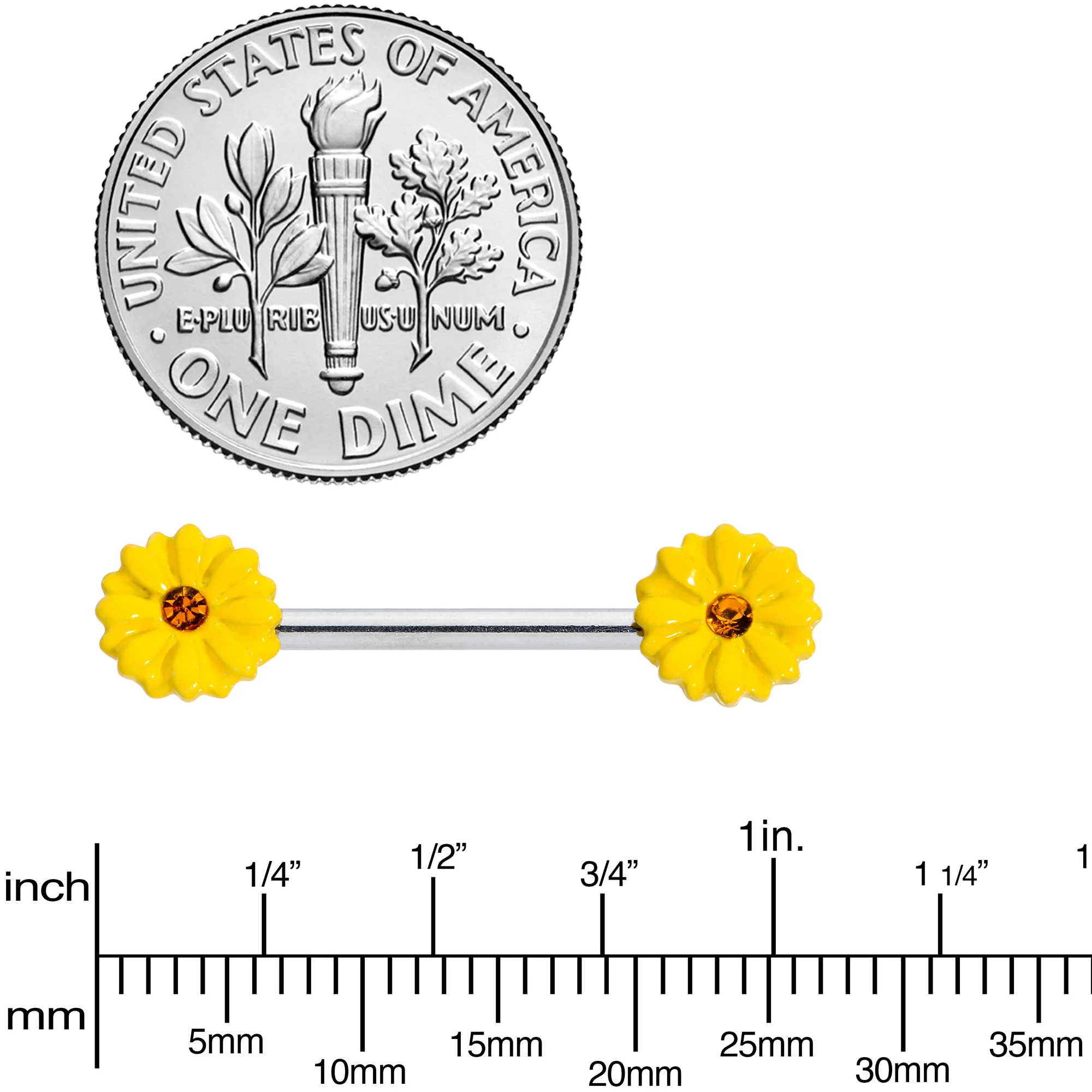 14G 9/16 Yellow Gem Yellow Sunflower Barbell Nipple Ring Set - Image 3