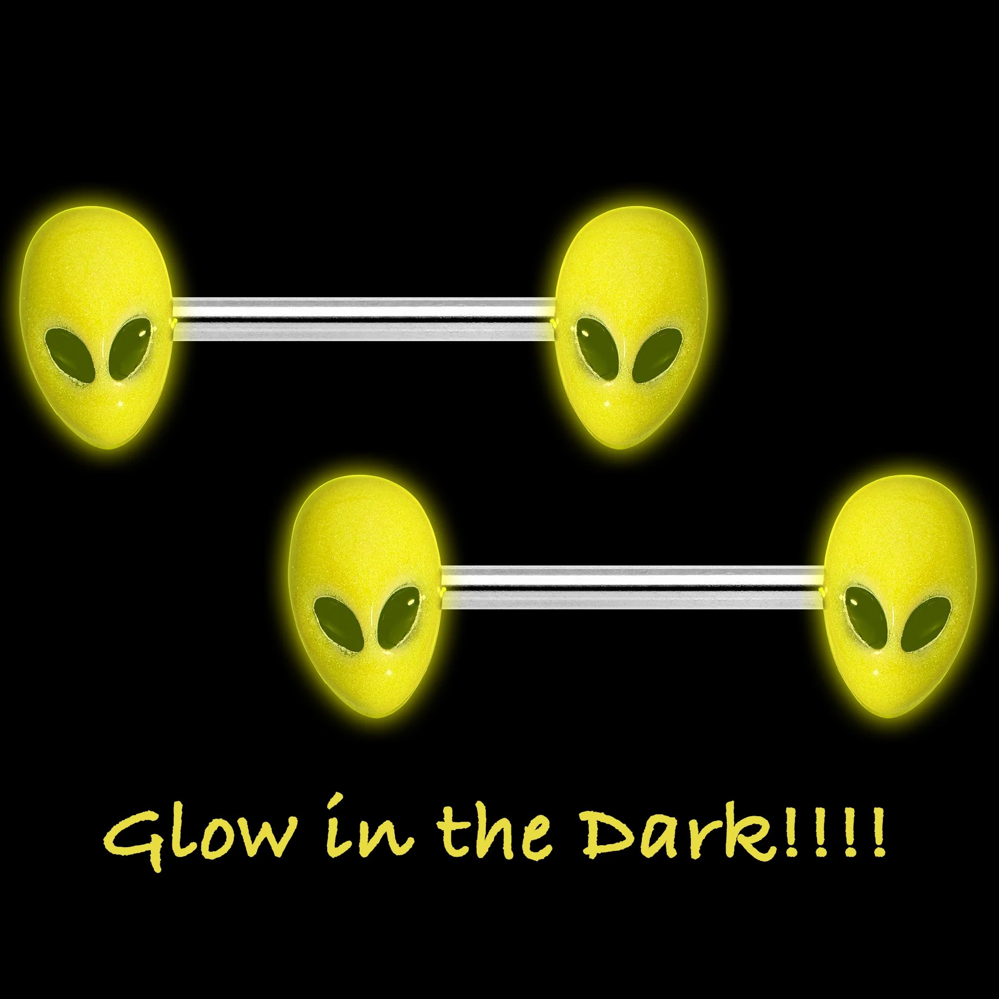14G 9/16 Yellow Glow in the Dark Aliens Barbell Nipple Ring Set - Image 2