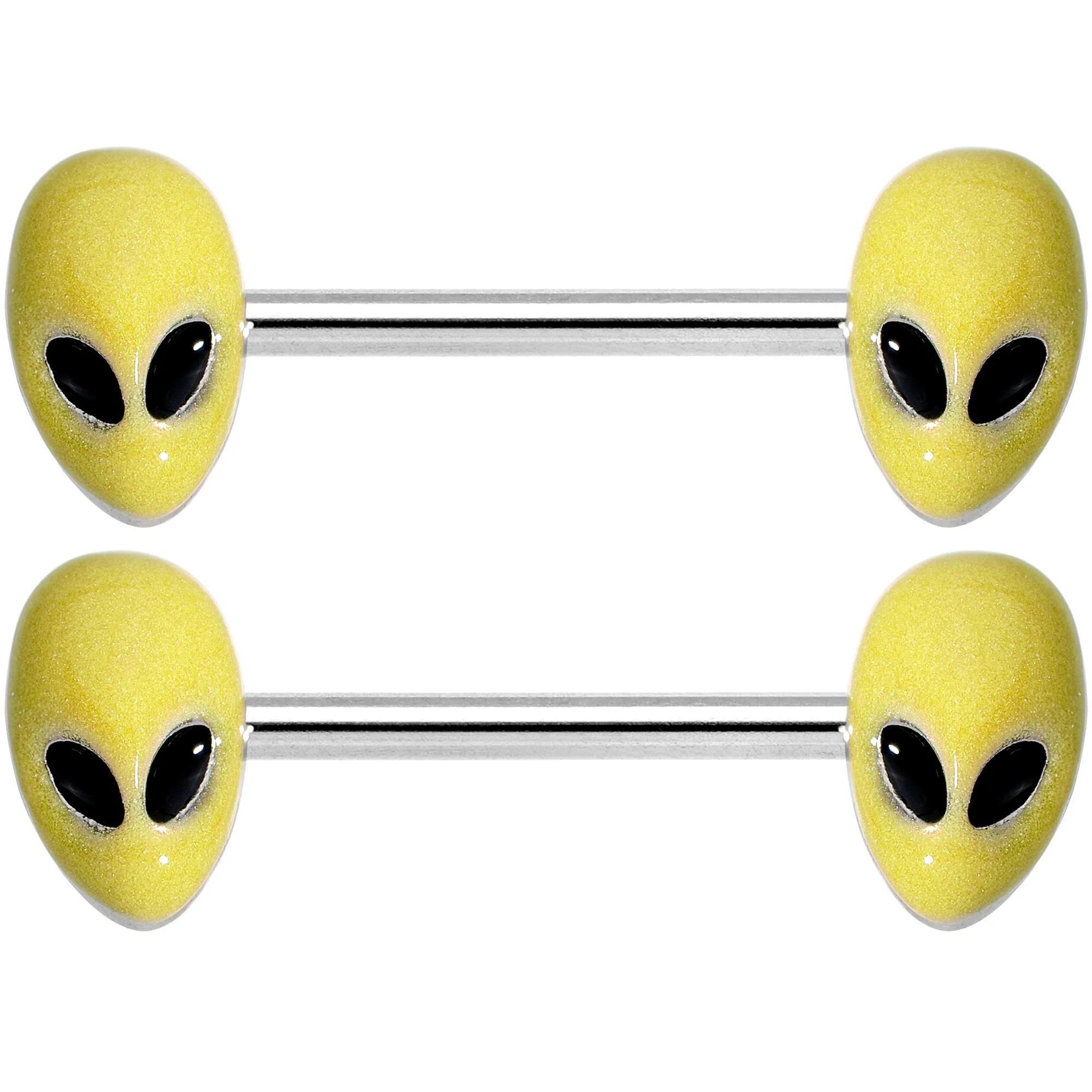 14G 9/16 Yellow Glow in the Dark Aliens Barbell Nipple Ring Set - Image 3