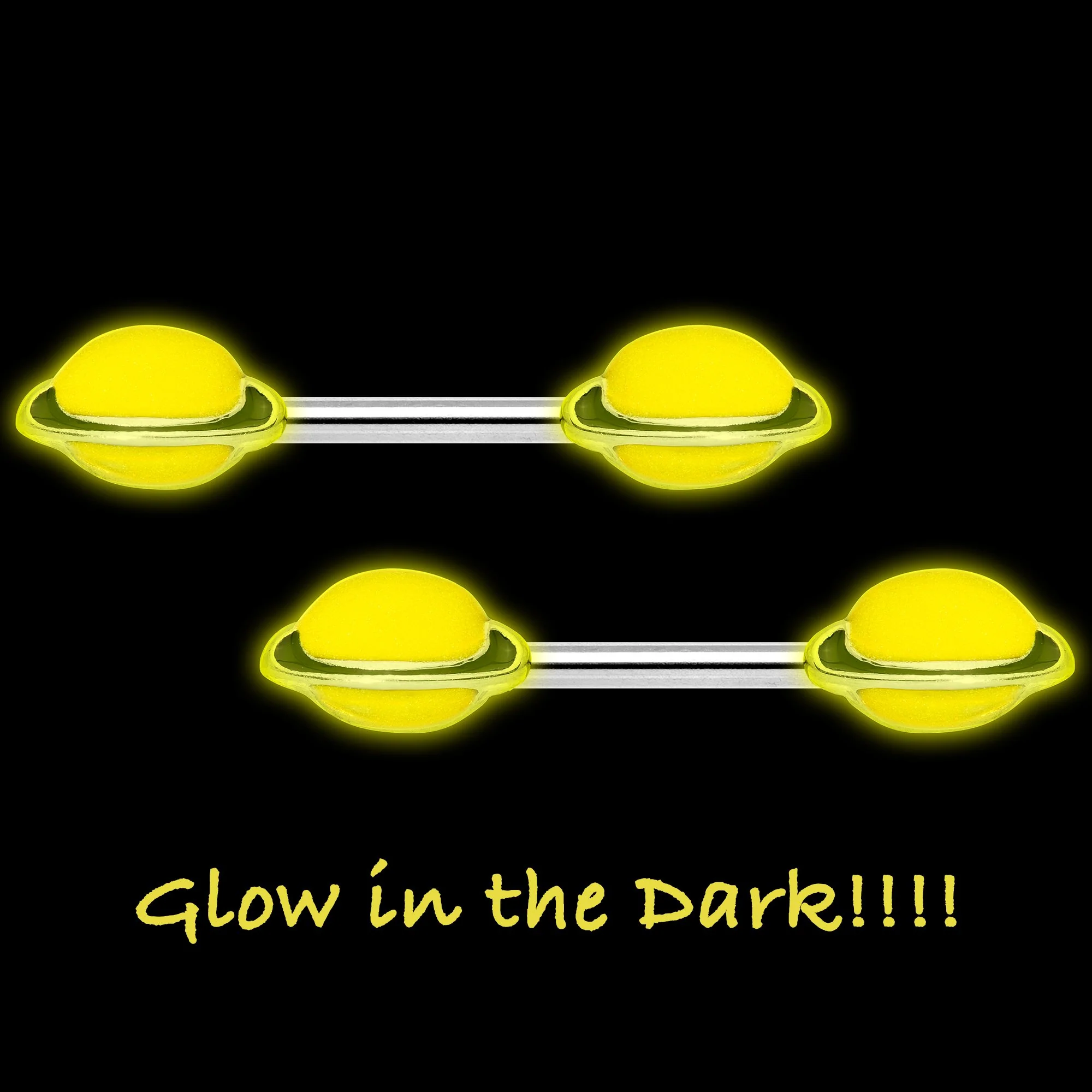 14G 9/16 Yellow Glow in the Dark Saturn Barbell Nipple Ring Set - Image 2