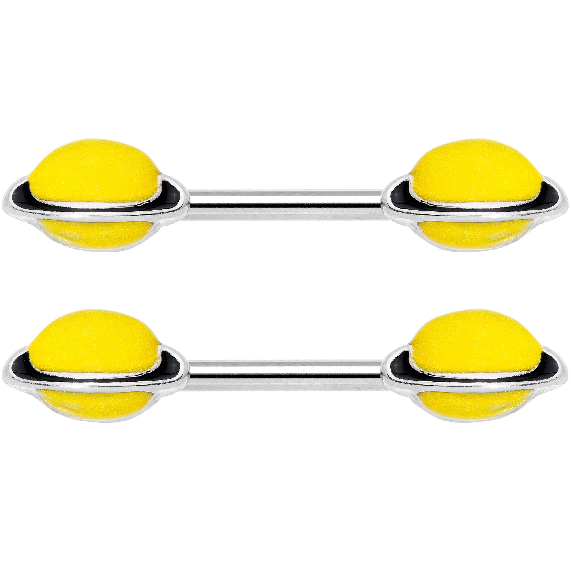 14G 9/16 Yellow Glow in the Dark Saturn Barbell Nipple Ring Set - Image 3