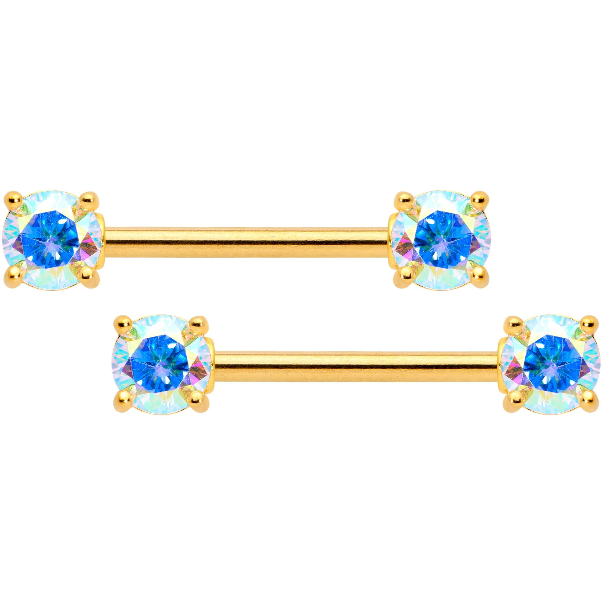 14G 9/16 Aurora CZ Gem Gold Tone Barbell Nipple Ring Set