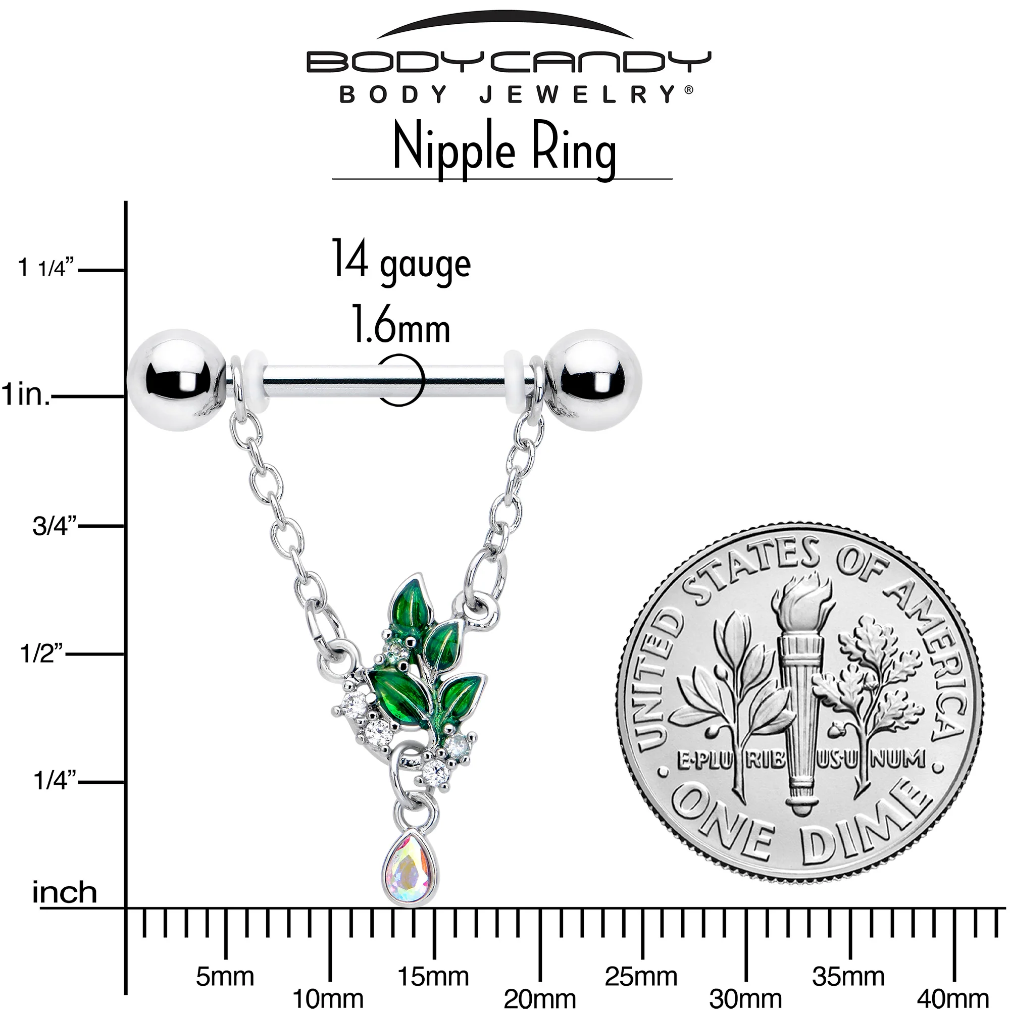 14G 9/16 Aurora CZ Gem Morning Leaves Chain Dangle Nipple Ring Set - Image 3
