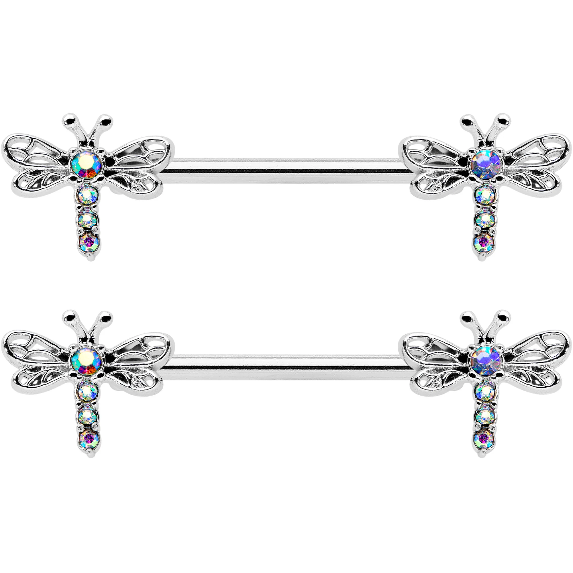 14G 9/16 Aurora Gem Ornate Dragonflies Barbell Nipple Ring Set - Image 2