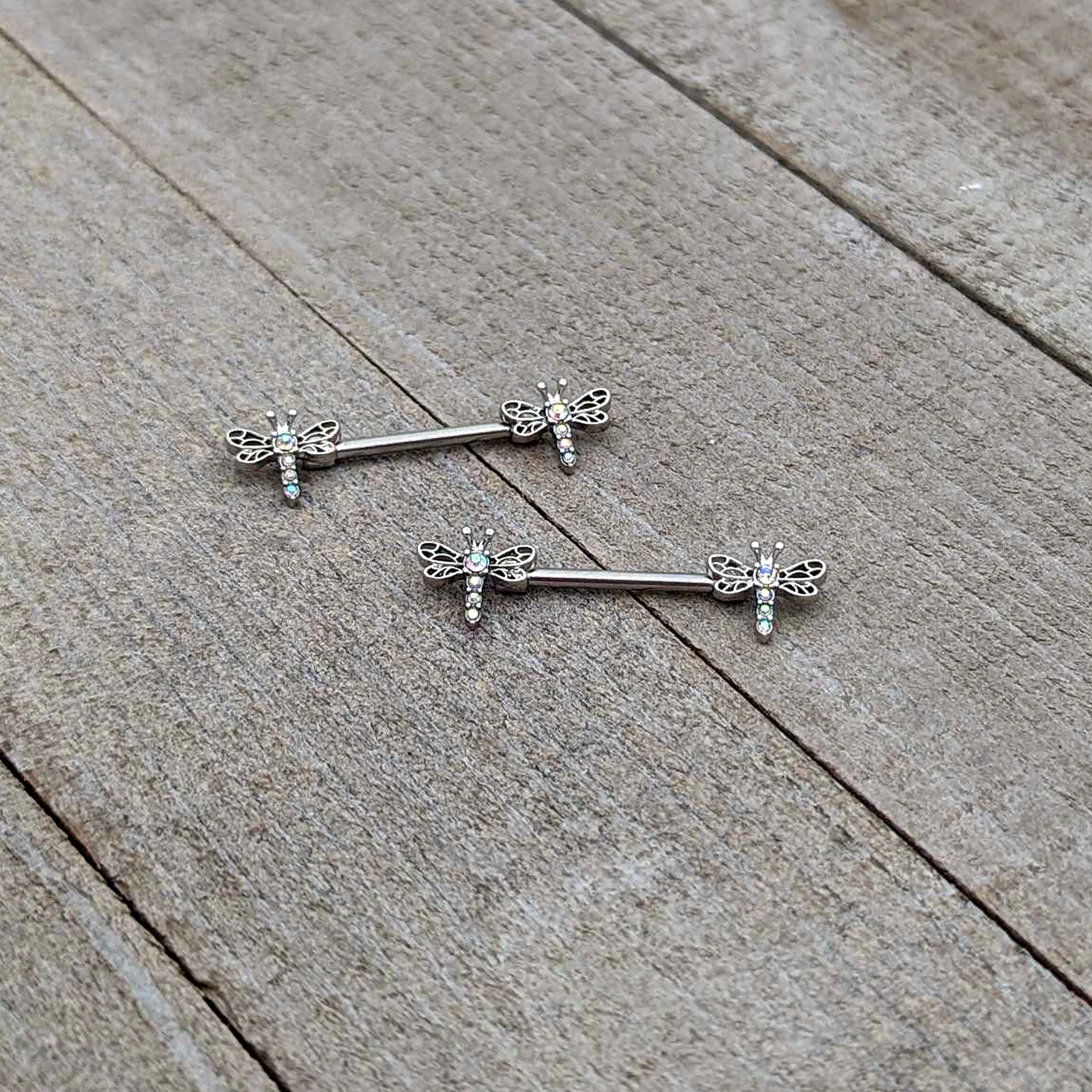 14G 9/16 Aurora Gem Ornate Dragonflies Barbell Nipple Ring Set - Image 5