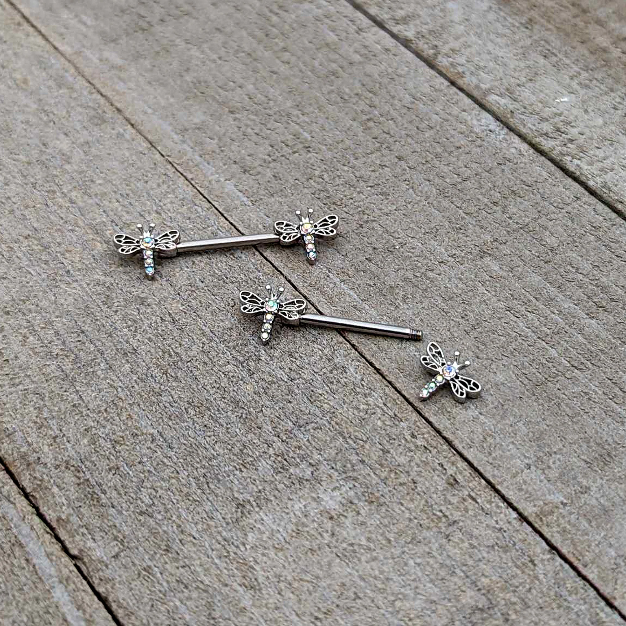14G 9/16 Aurora Gem Ornate Dragonflies Barbell Nipple Ring Set - Image 6