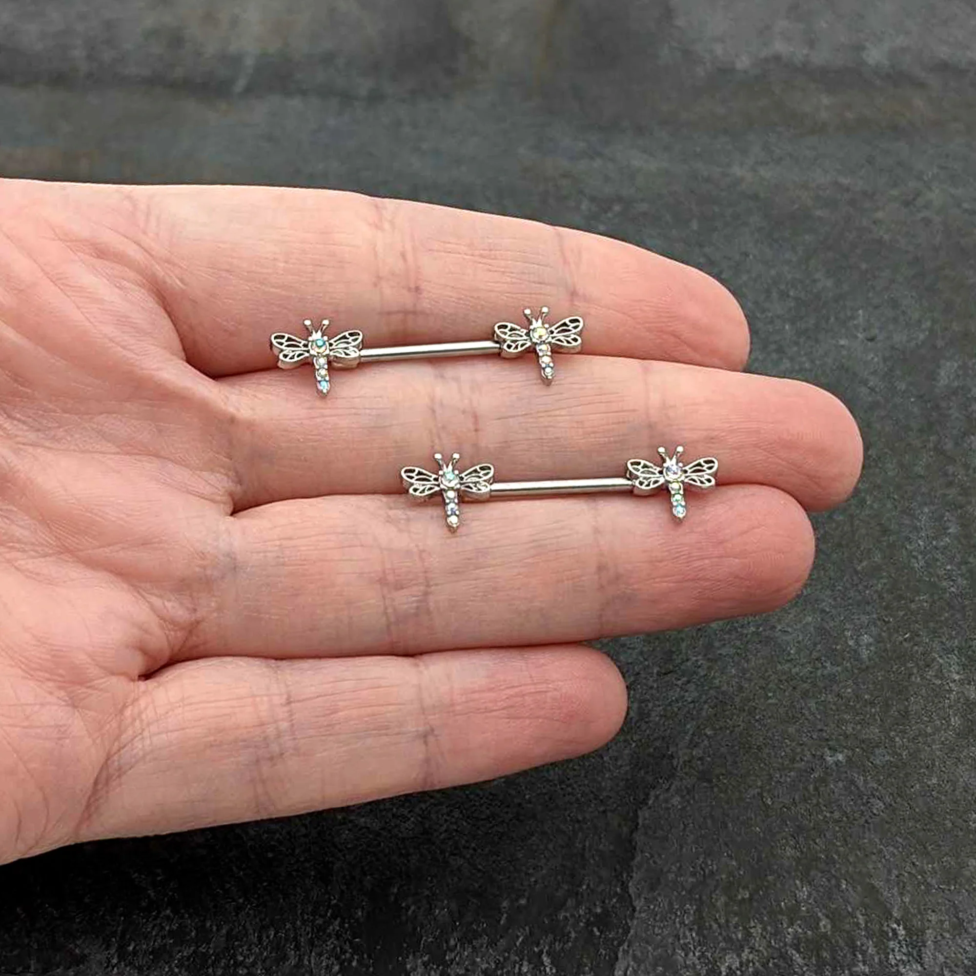 14G 9/16 Aurora Gem Ornate Dragonflies Barbell Nipple Ring Set - Image 7