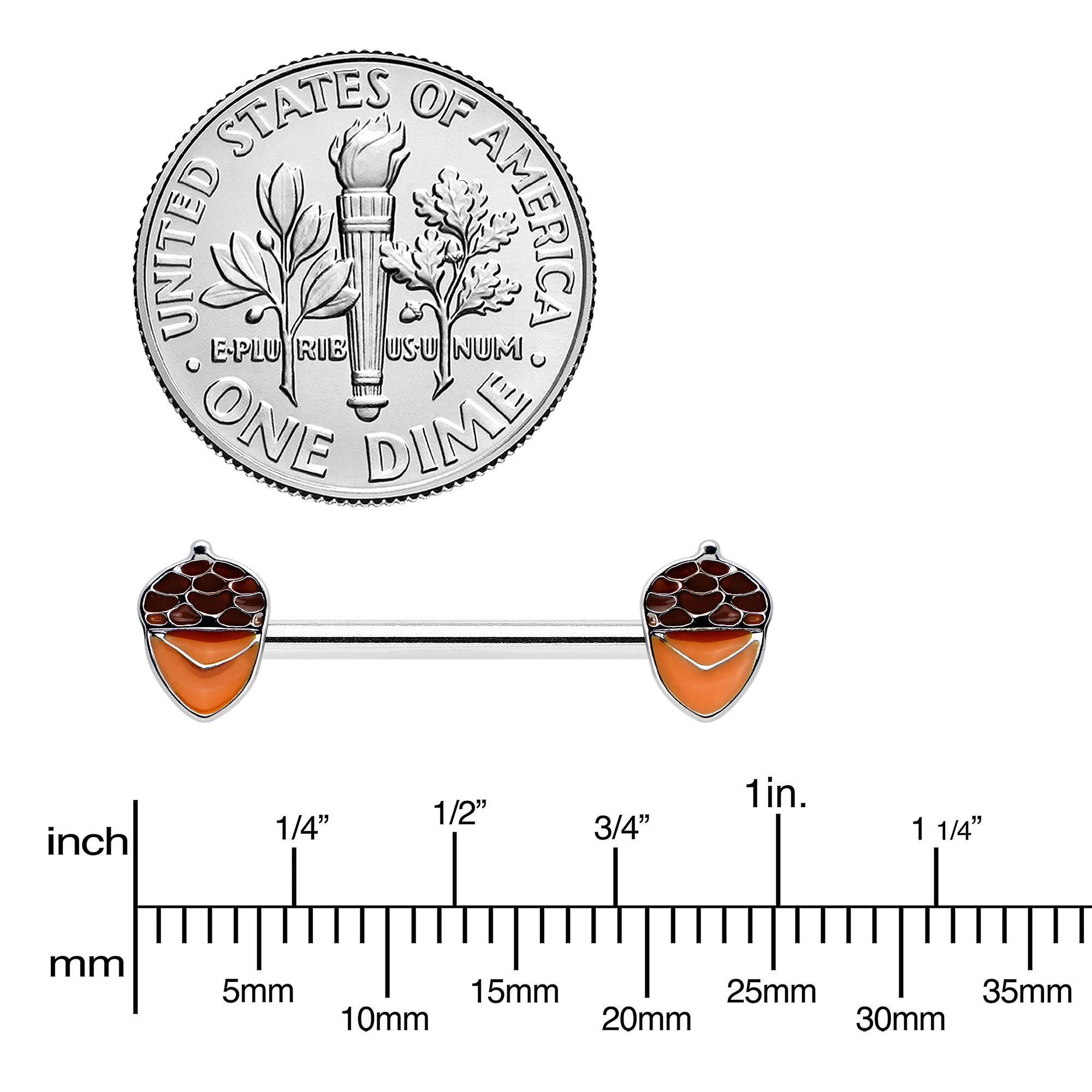 14G 9/16 Autumn Acorn Brown Orange Barbell Nipple Ring Set - Image 3