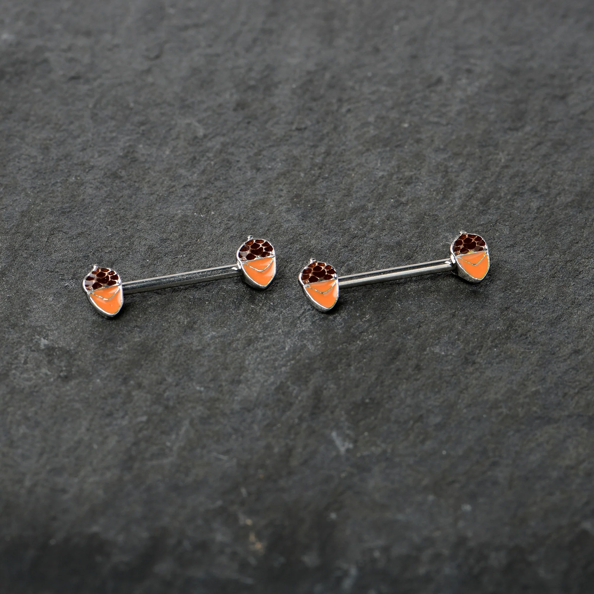 14G 9/16 Autumn Acorn Brown Orange Barbell Nipple Ring Set - Image 4