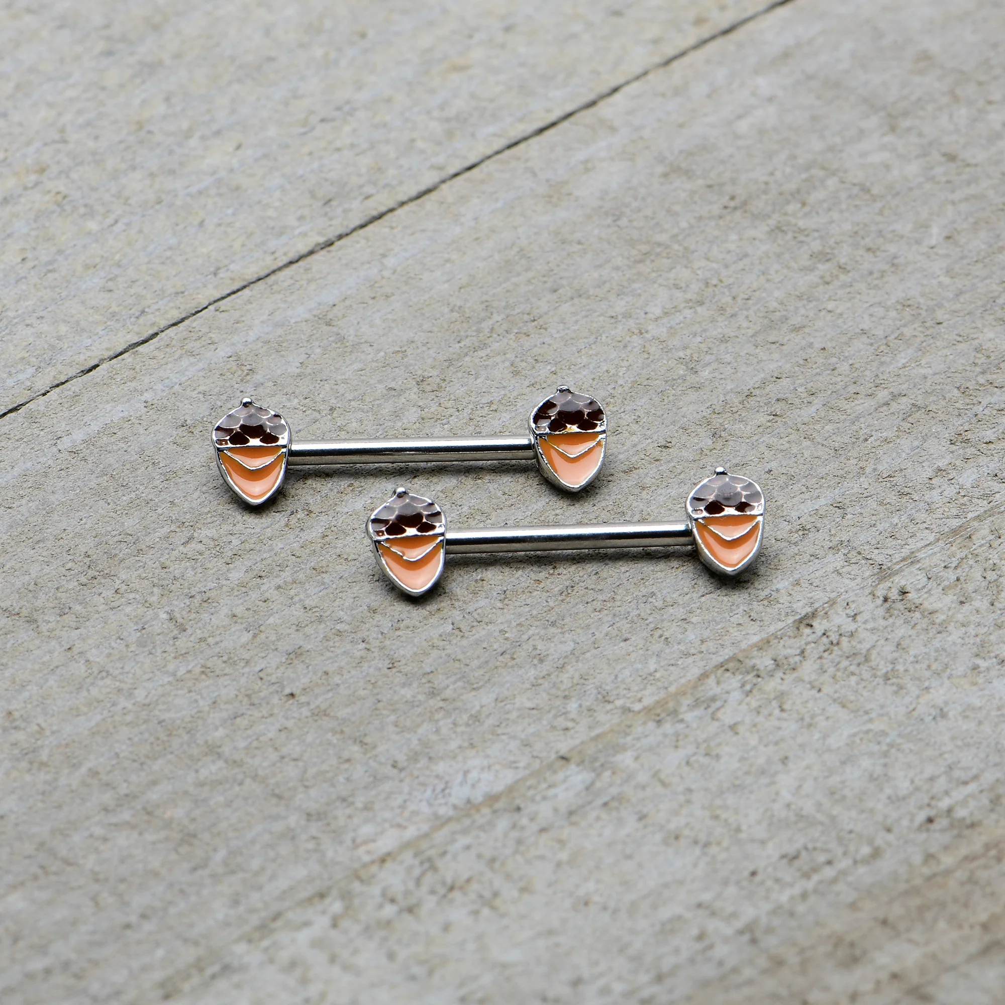 14G 9/16 Autumn Acorn Brown Orange Barbell Nipple Ring Set - Image 5