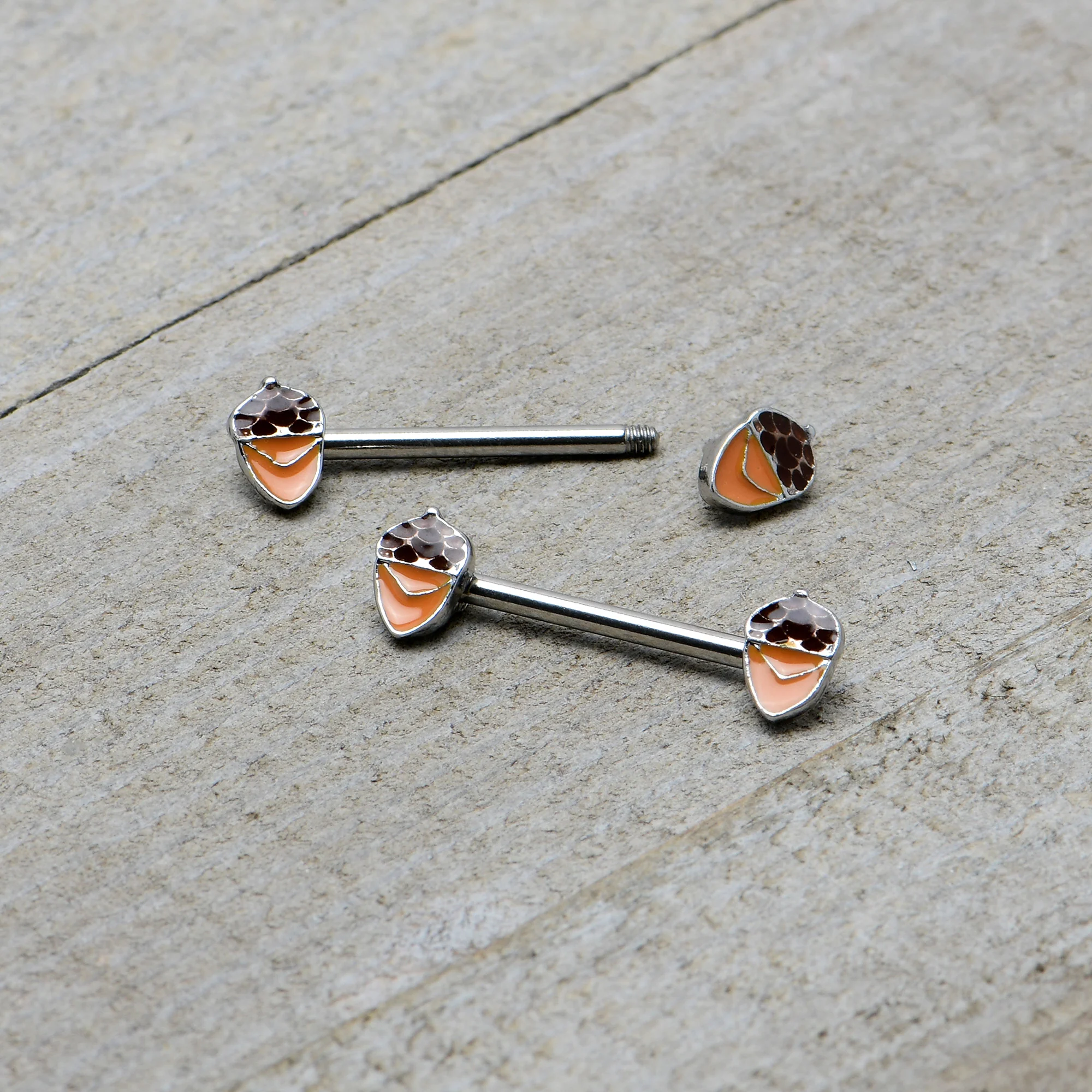 14G 9/16 Autumn Acorn Brown Orange Barbell Nipple Ring Set - Image 6