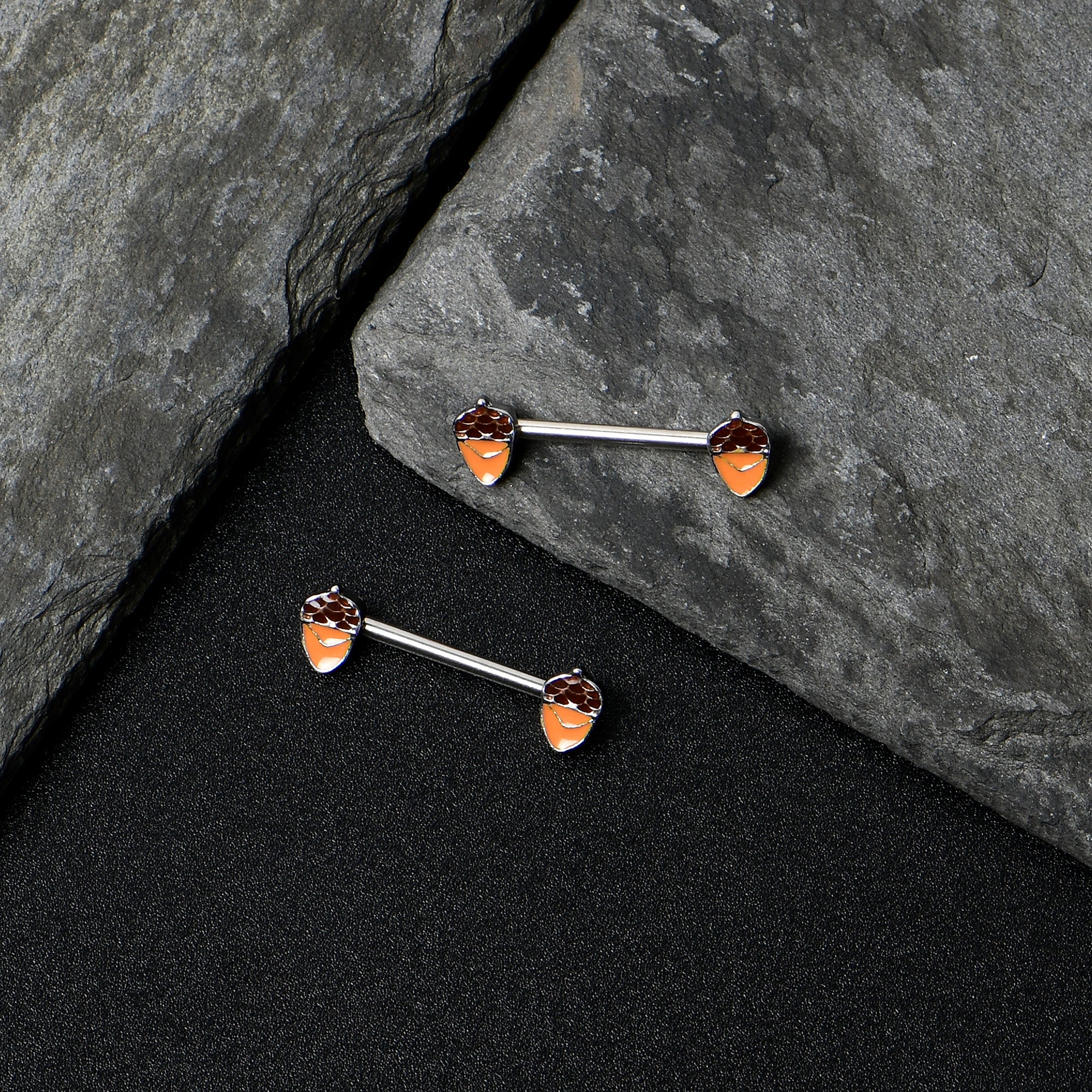 14G 9/16 Autumn Acorn Brown Orange Barbell Nipple Ring Set - Image 7