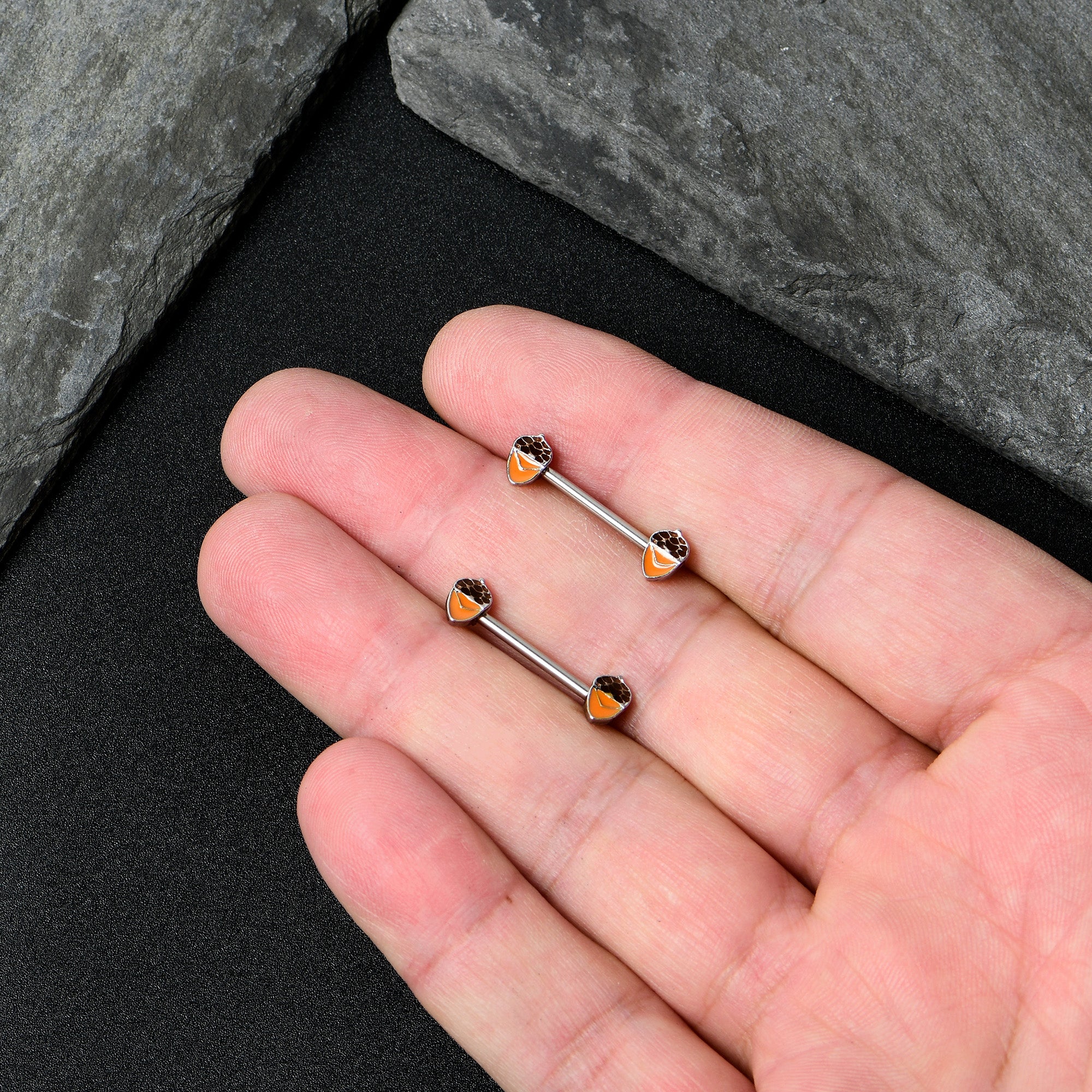 14G 9/16 Autumn Acorn Brown Orange Barbell Nipple Ring Set - Image 8