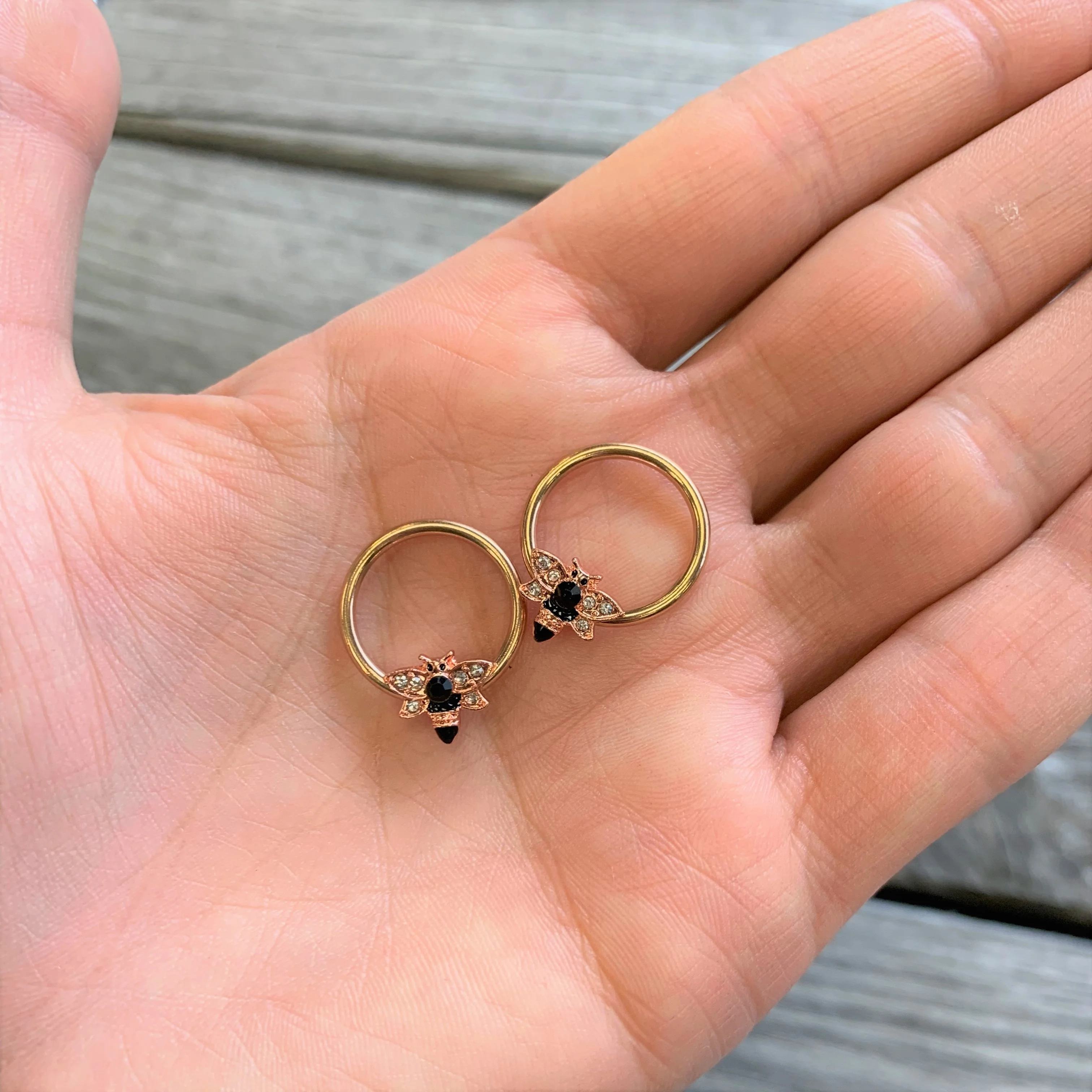 14G 9/16 Black Clear Gem Rose Gold Tone Bee BCR Nipple Ring Set - Image 3
