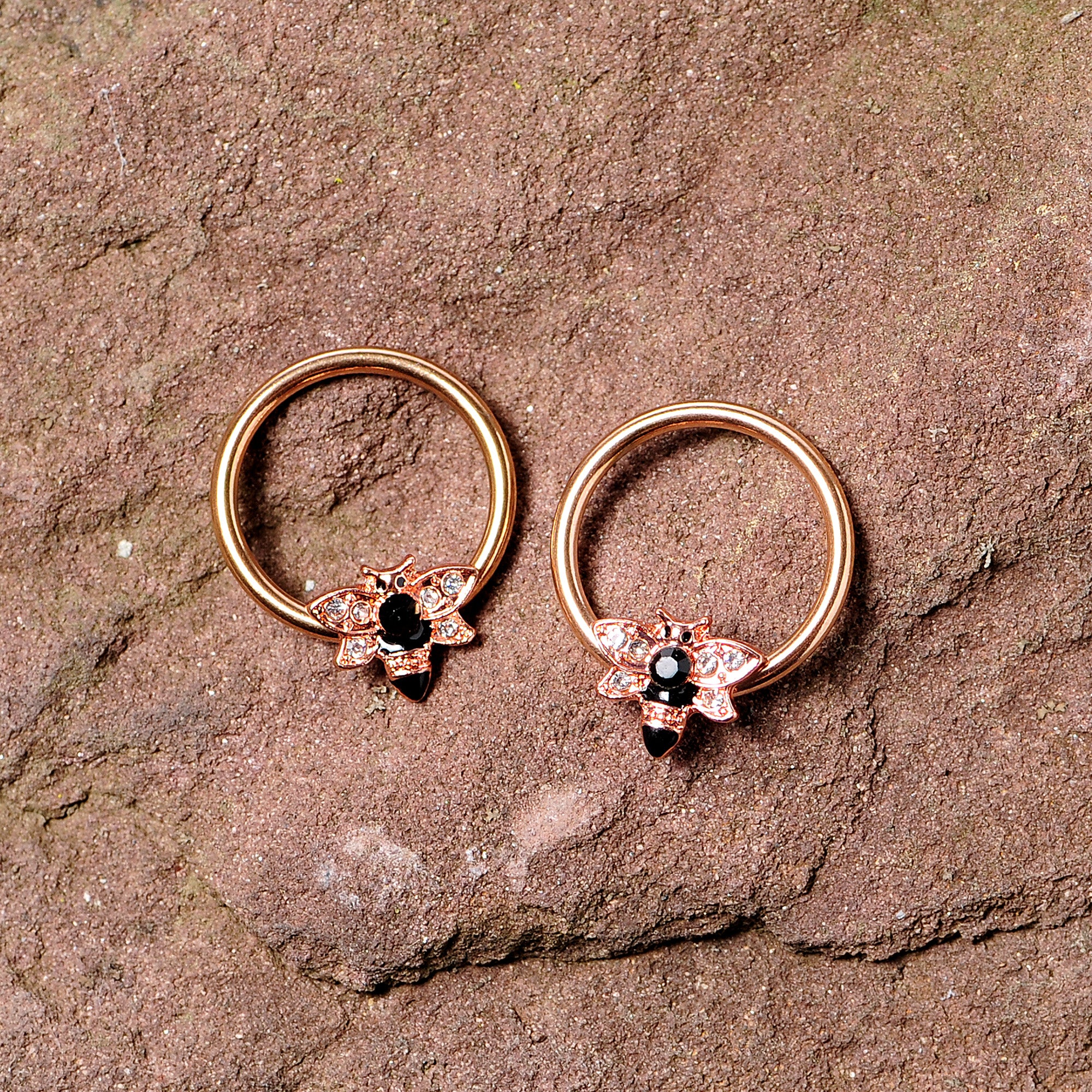 14G 9/16 Black Clear Gem Rose Gold Tone Bee BCR Nipple Ring Set - Image 4