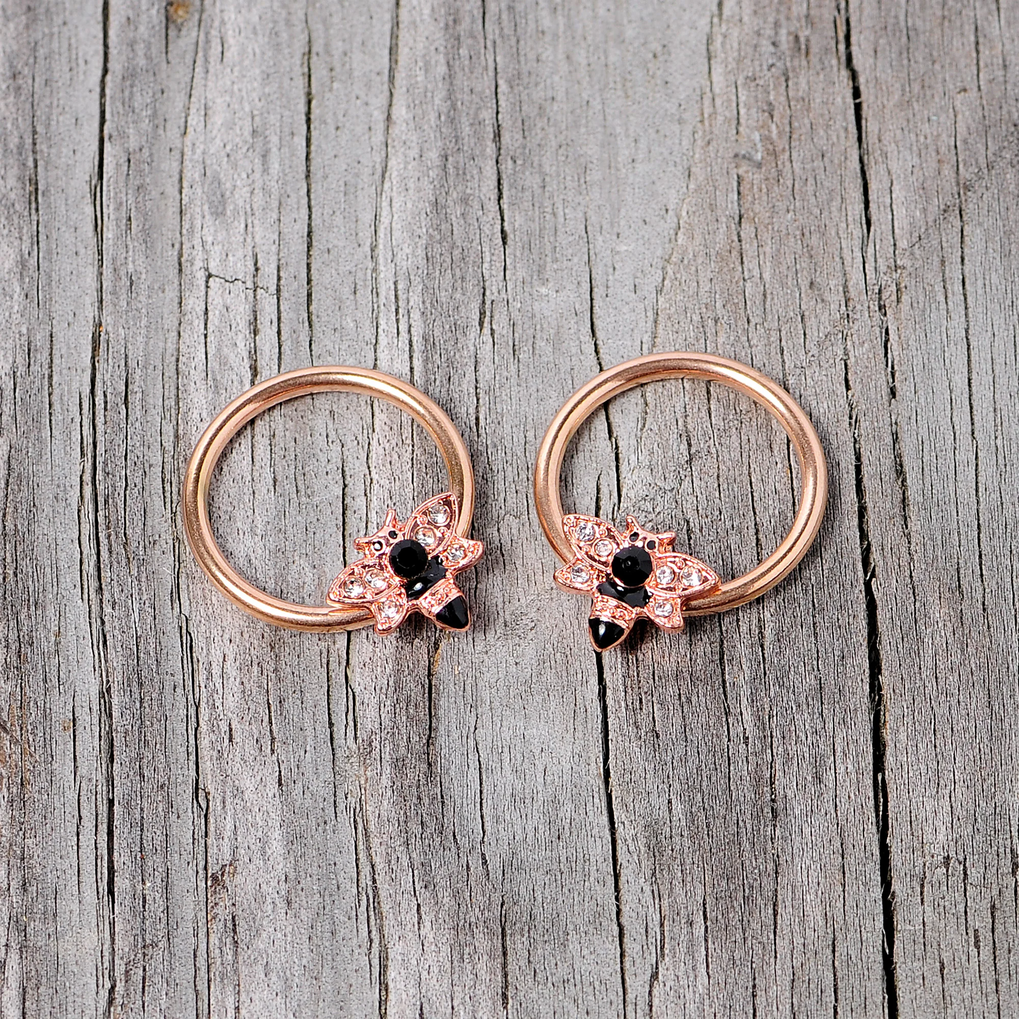14G 9/16 Black Clear Gem Rose Gold Tone Bee BCR Nipple Ring Set - Image 5