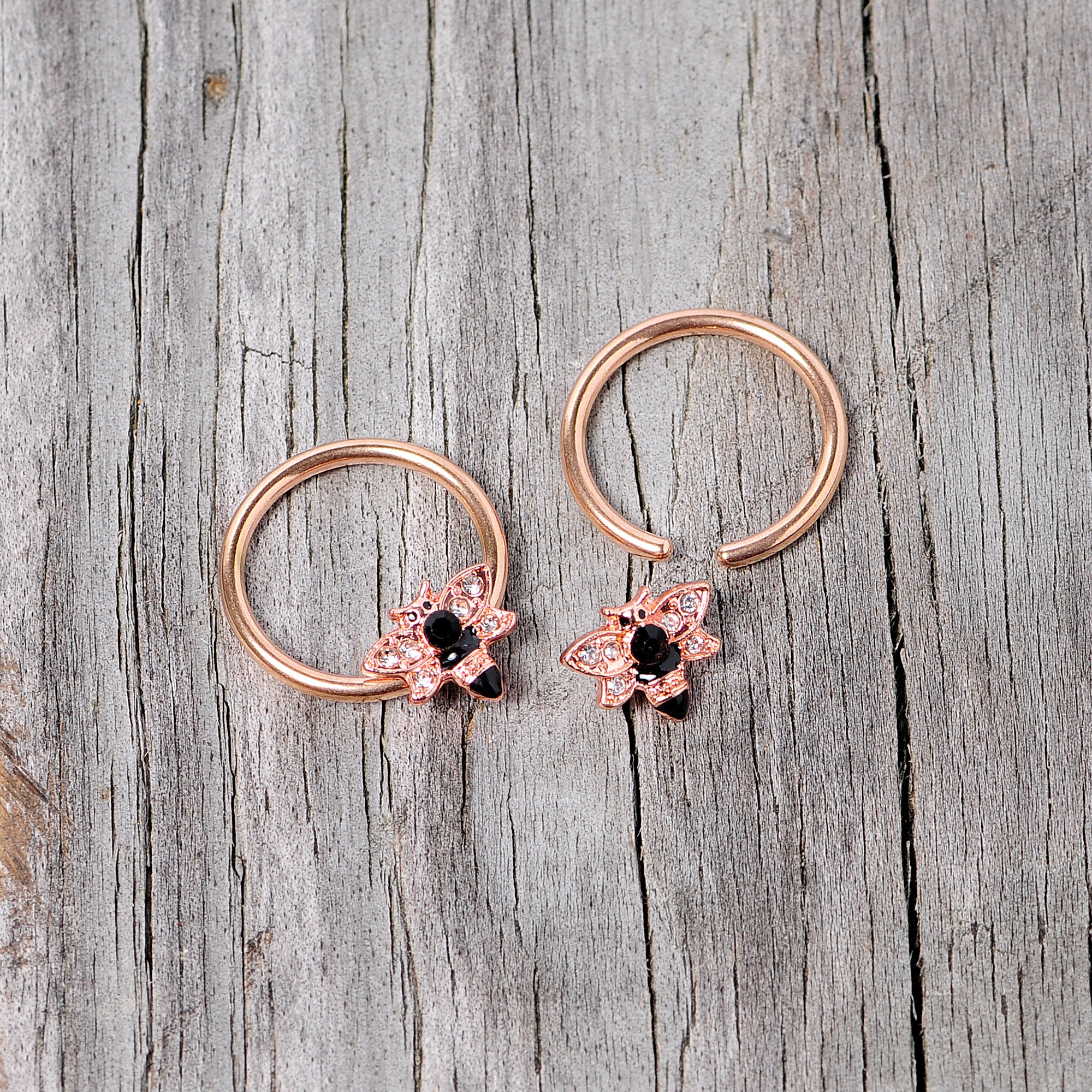 14G 9/16 Black Clear Gem Rose Gold Tone Bee BCR Nipple Ring Set - Image 6
