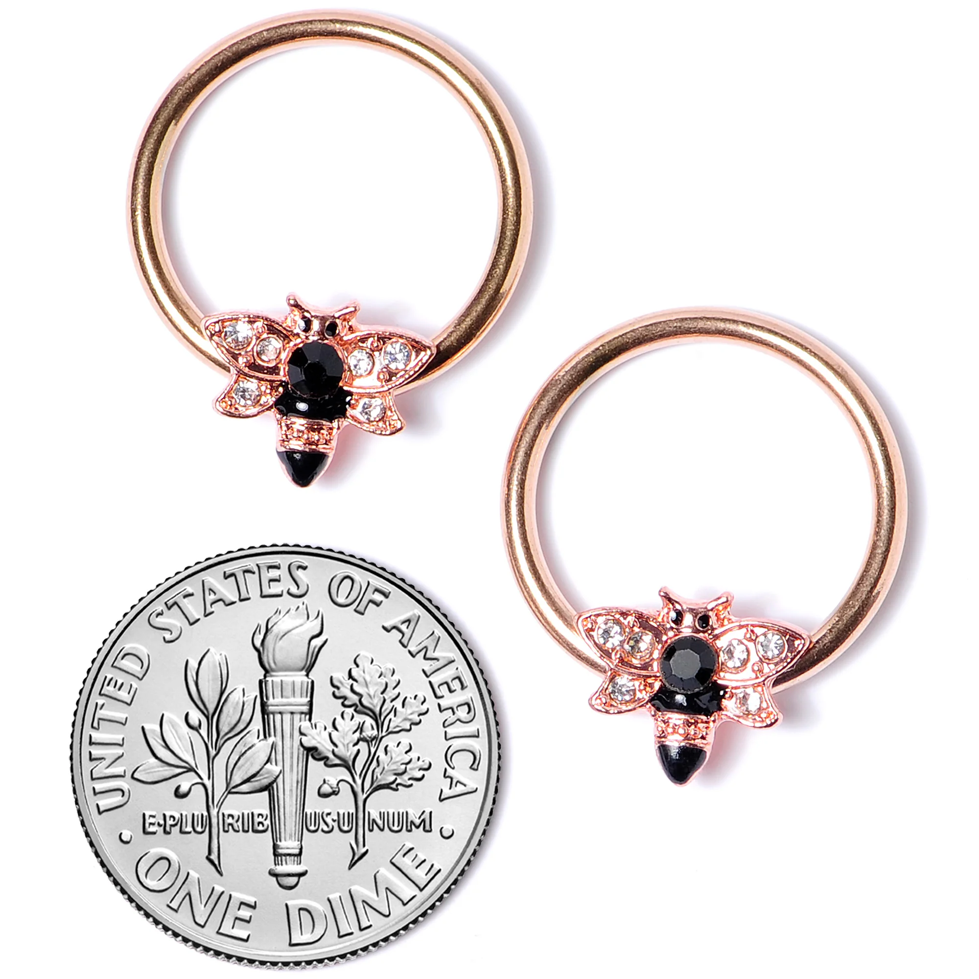14G 9/16 Black Clear Gem Rose Gold Tone Bee BCR Nipple Ring Set - Image 7