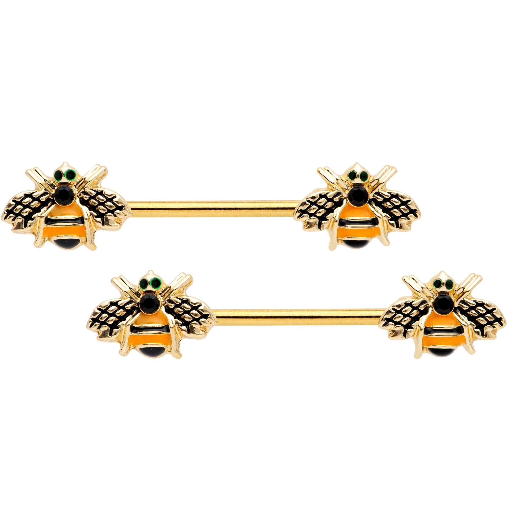 14G 9/16 Black Gem Gold Tone Bumblebees Barbell Nipple Ring Set