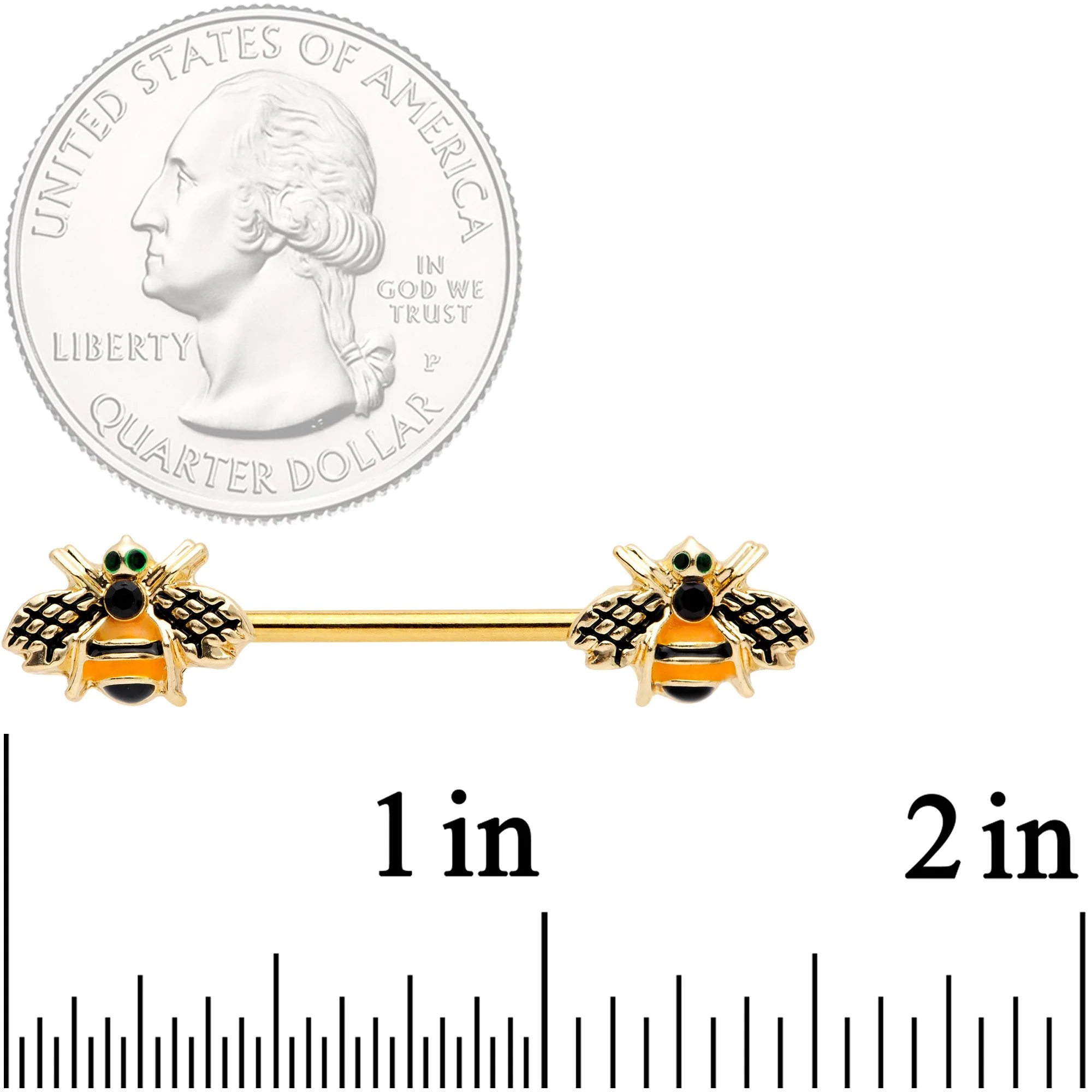 14G 9/16 Black Gem Gold Tone Bumblebees Barbell Nipple Ring Set - Image 3