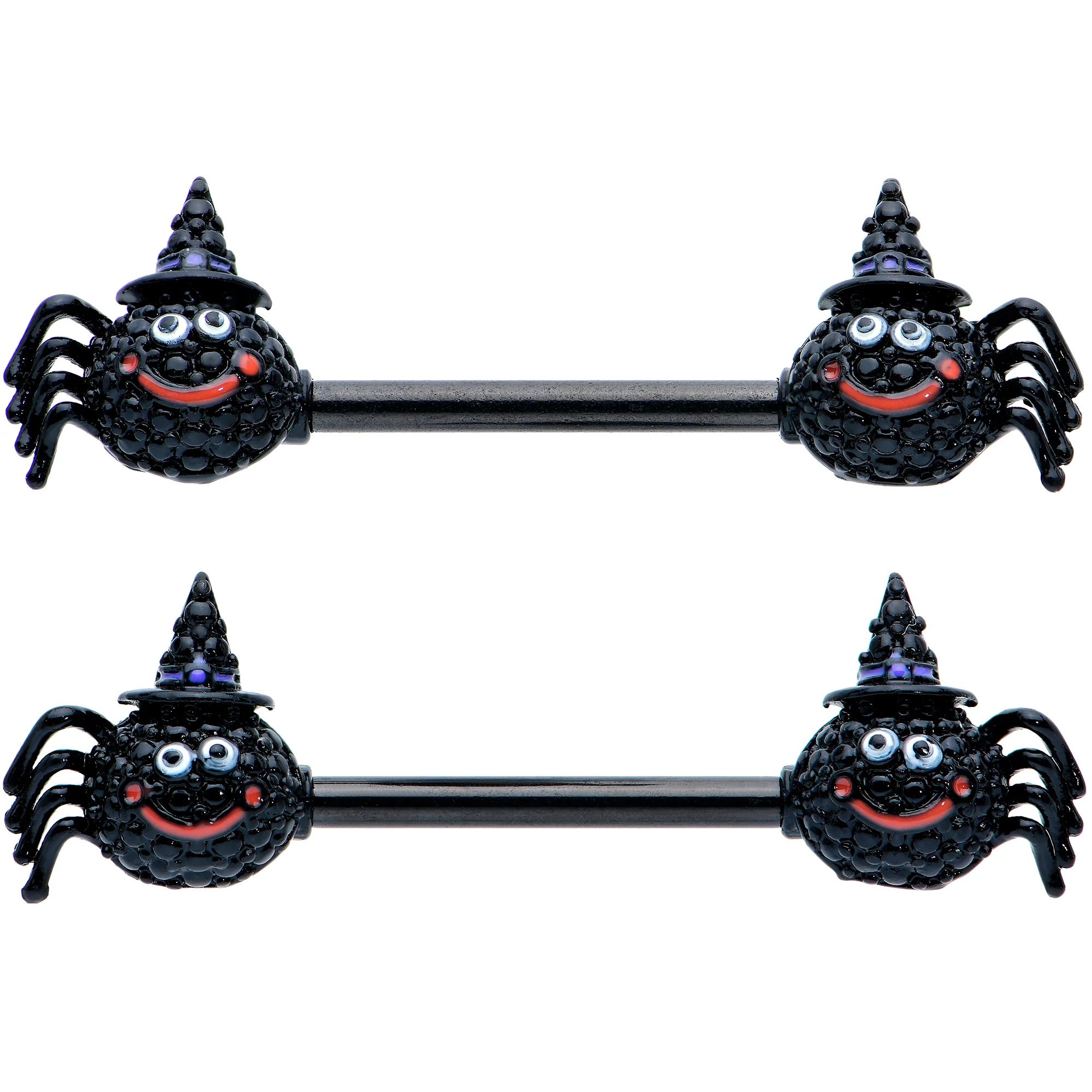 14G 9/16 Black Halloween Smiling Spider Barbell Nipple Ring Set - Image 2