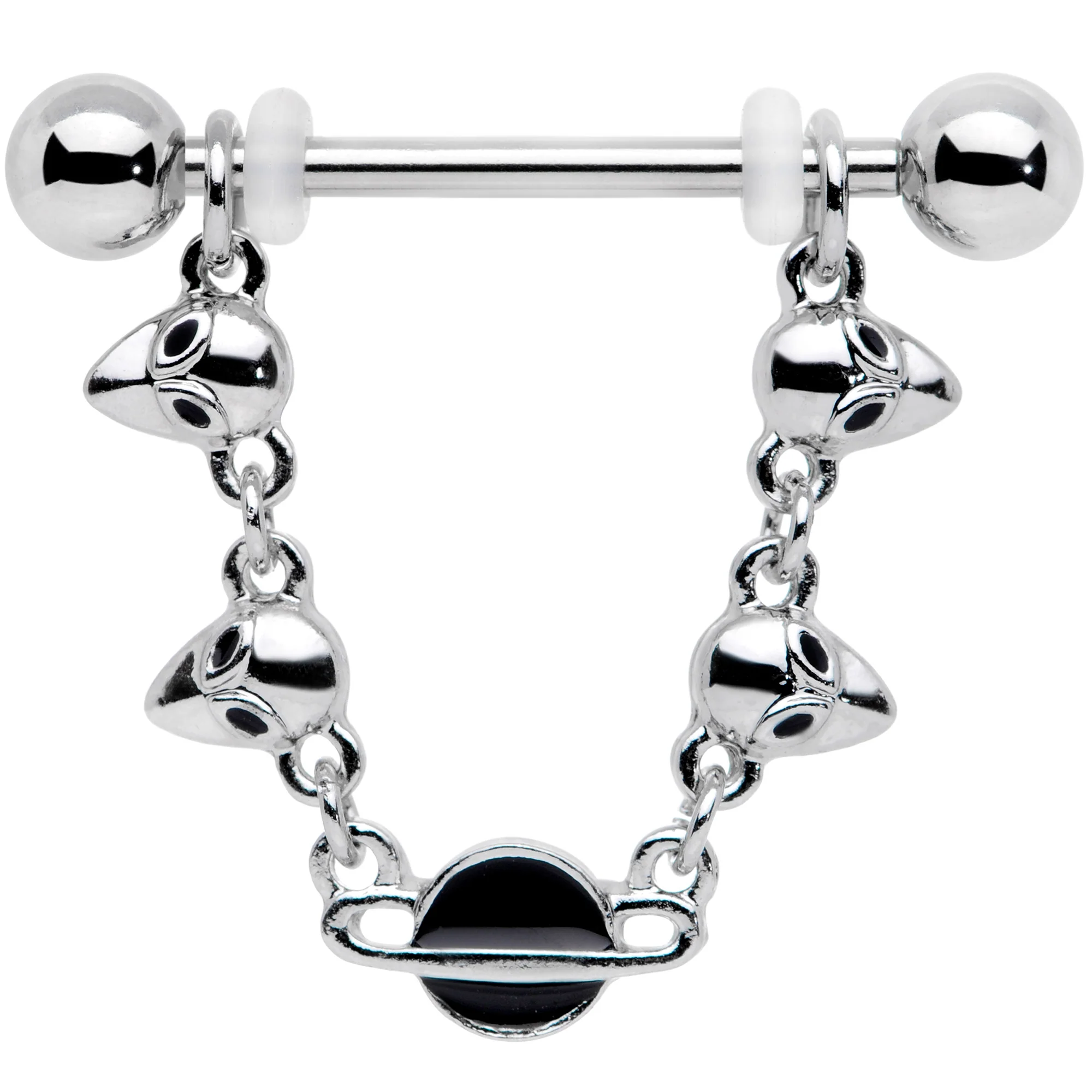 14G 9/16 Black Planet Saturn Alien Dangle Barbell Nipple Ring Set - Image 2