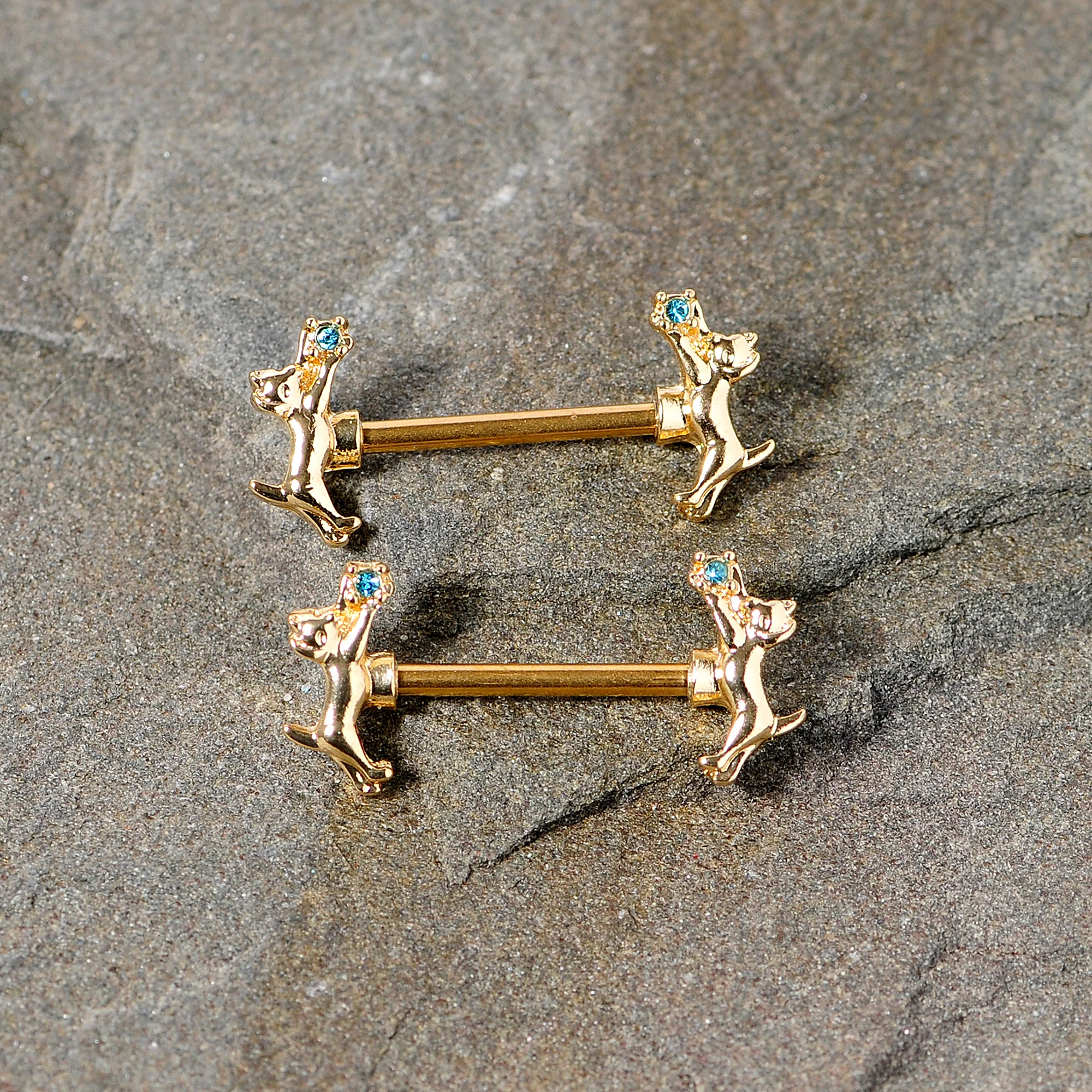 14G 9/16 Blue Gem Gold Tone Leaping Cat Barbell Nipple Ring Set - Image 2