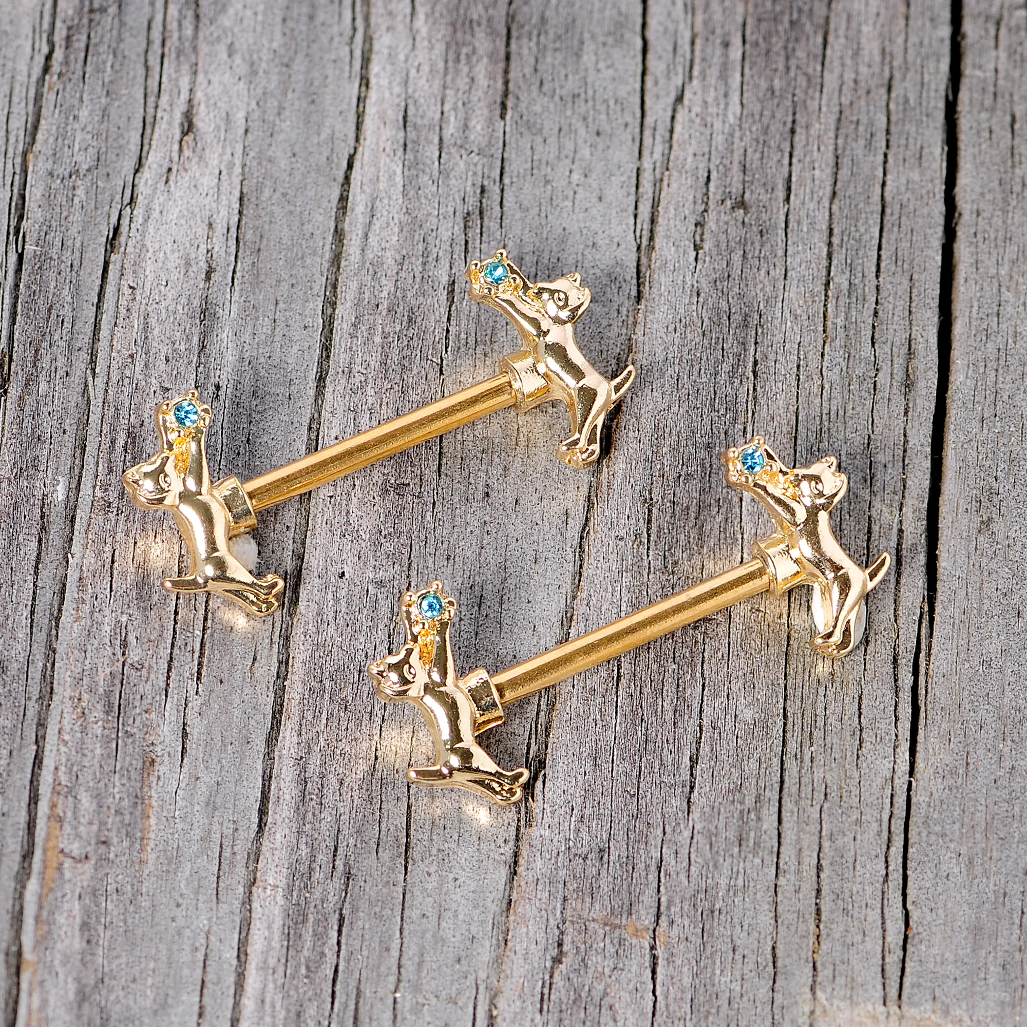 14G 9/16 Blue Gem Gold Tone Leaping Cat Barbell Nipple Ring Set - Image 3